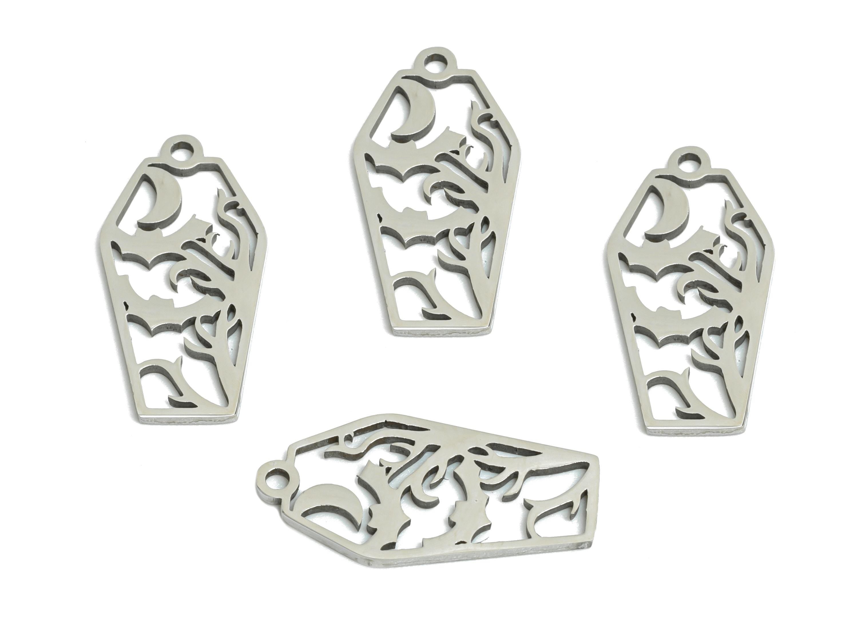 Steel Coffin Pendant - Halloween Spooky Charm Jewelry - Witchy Crescent Bat Pendant - Laser Cut Mystic Bat Charm - 17.8x8.9x0.98mm - SS2512 - DOMEDBAZAAR