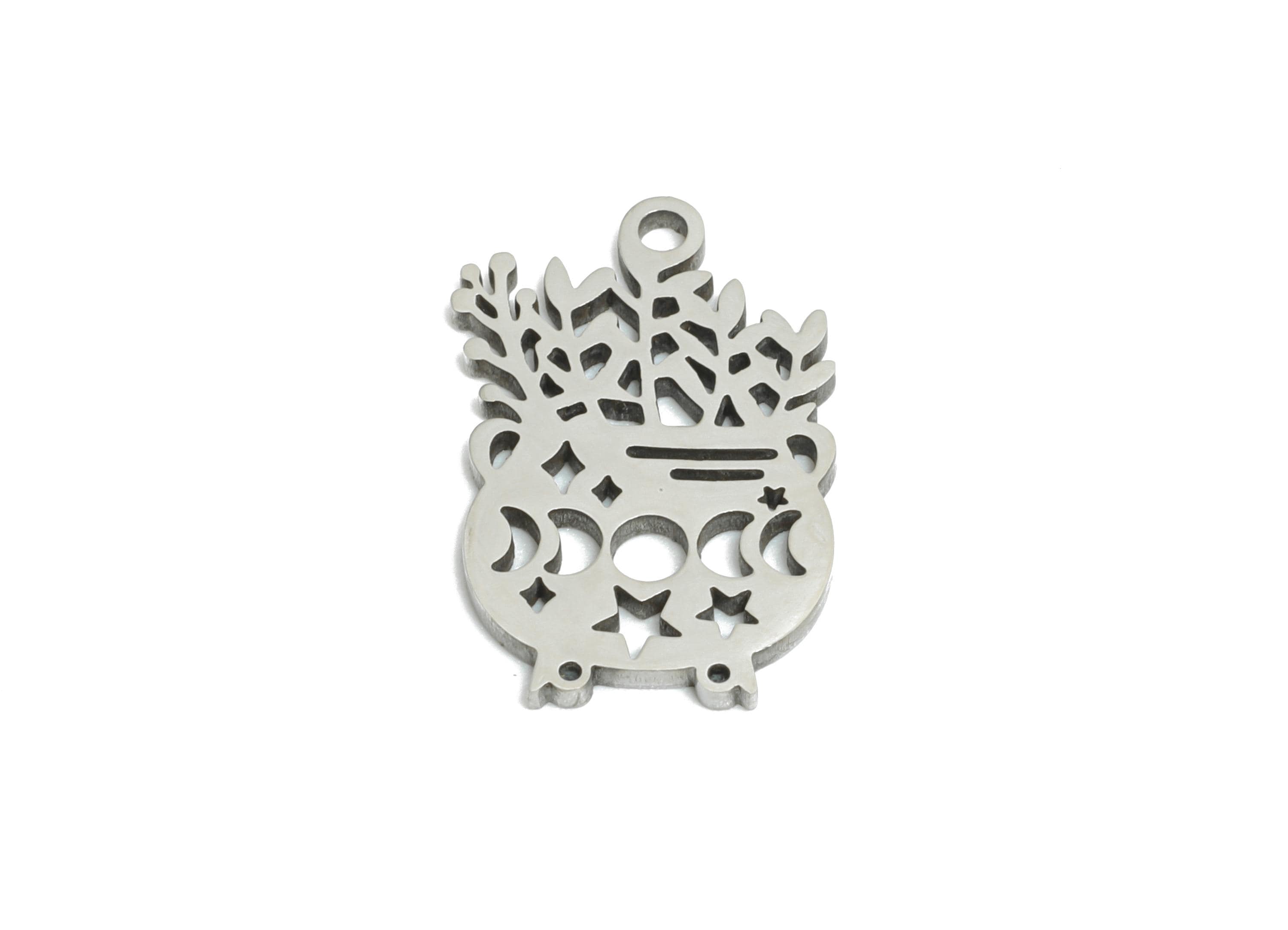 Mystical Herbal Witchcraft Charm - Moon Phase Potion Pot Charm - Celestial Wiccan Steel Charm - Laser Cut Charm - 15.8x10.11x0.98mm - SS2504 - DOMEDBAZAAR