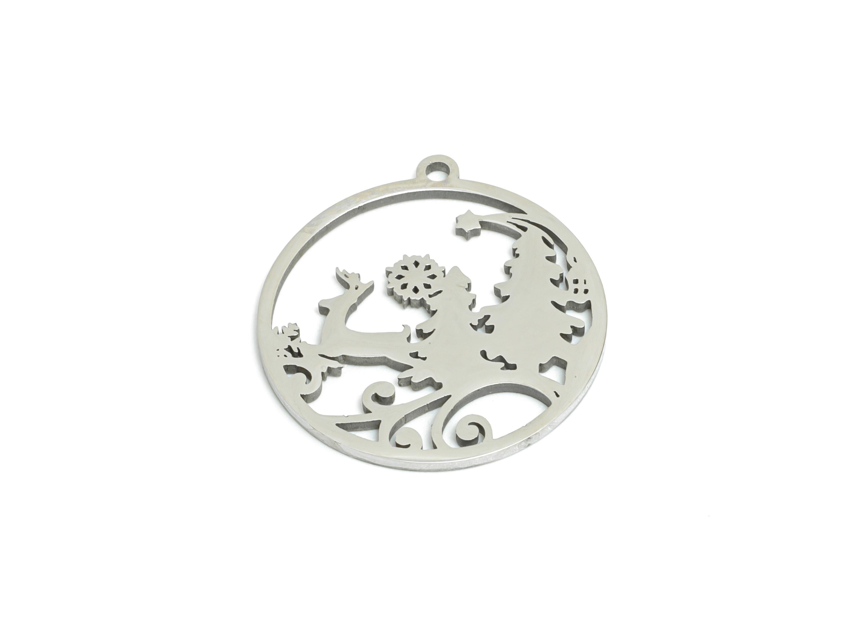 Steel Deer Pendant - Forest Animal Charm - Christmas Scene Reindeer Snowflake Pendant - Holiday Necklace Jewelry - 19.8x18x0.98mm - SS2460 - DOMEDBAZAAR