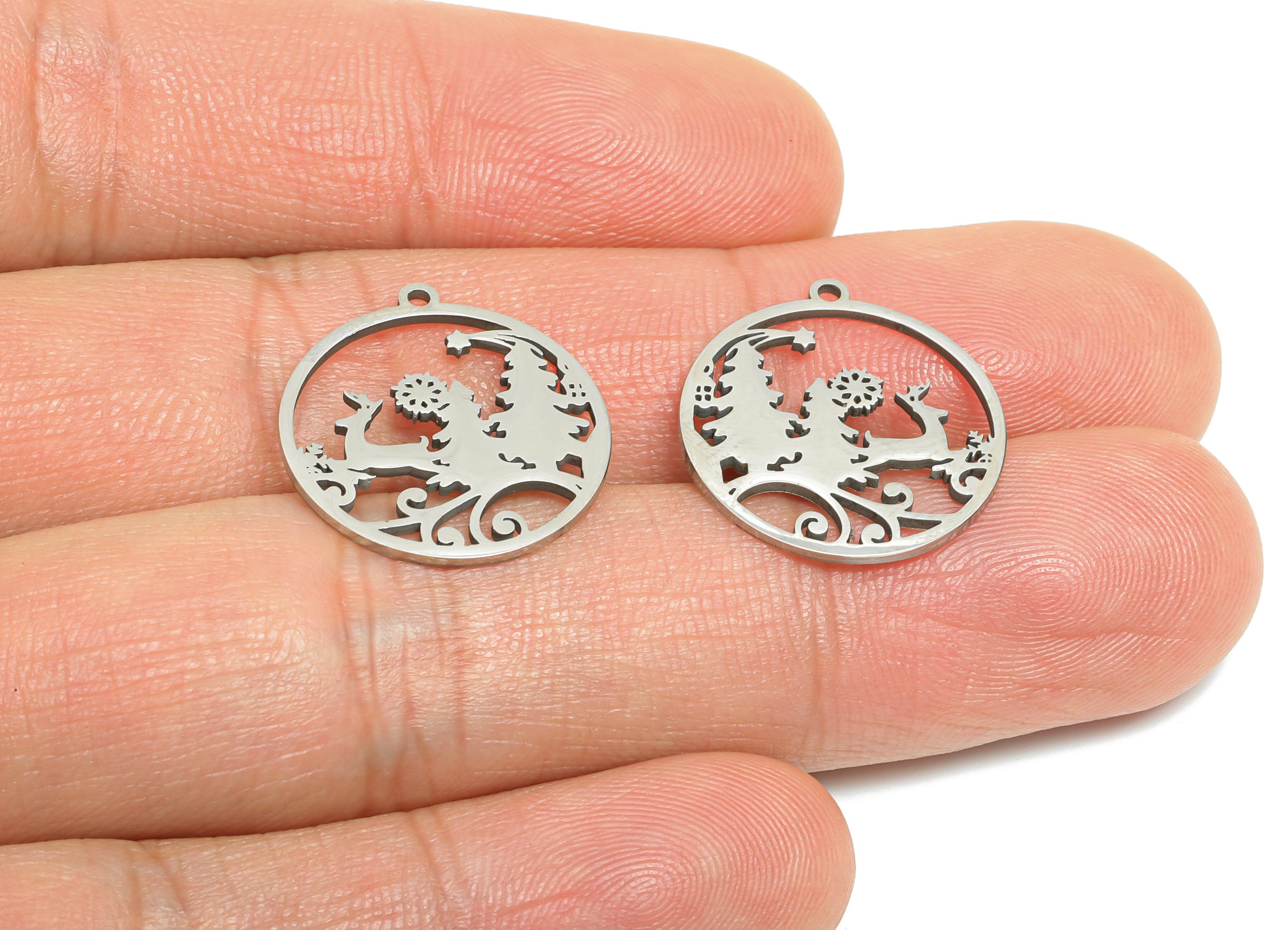 Steel Deer Pendant - Forest Animal Charm - Christmas Scene Reindeer Snowflake Pendant - Holiday Necklace Jewelry - 19.8x18x0.98mm - SS2460 - DOMEDBAZAAR