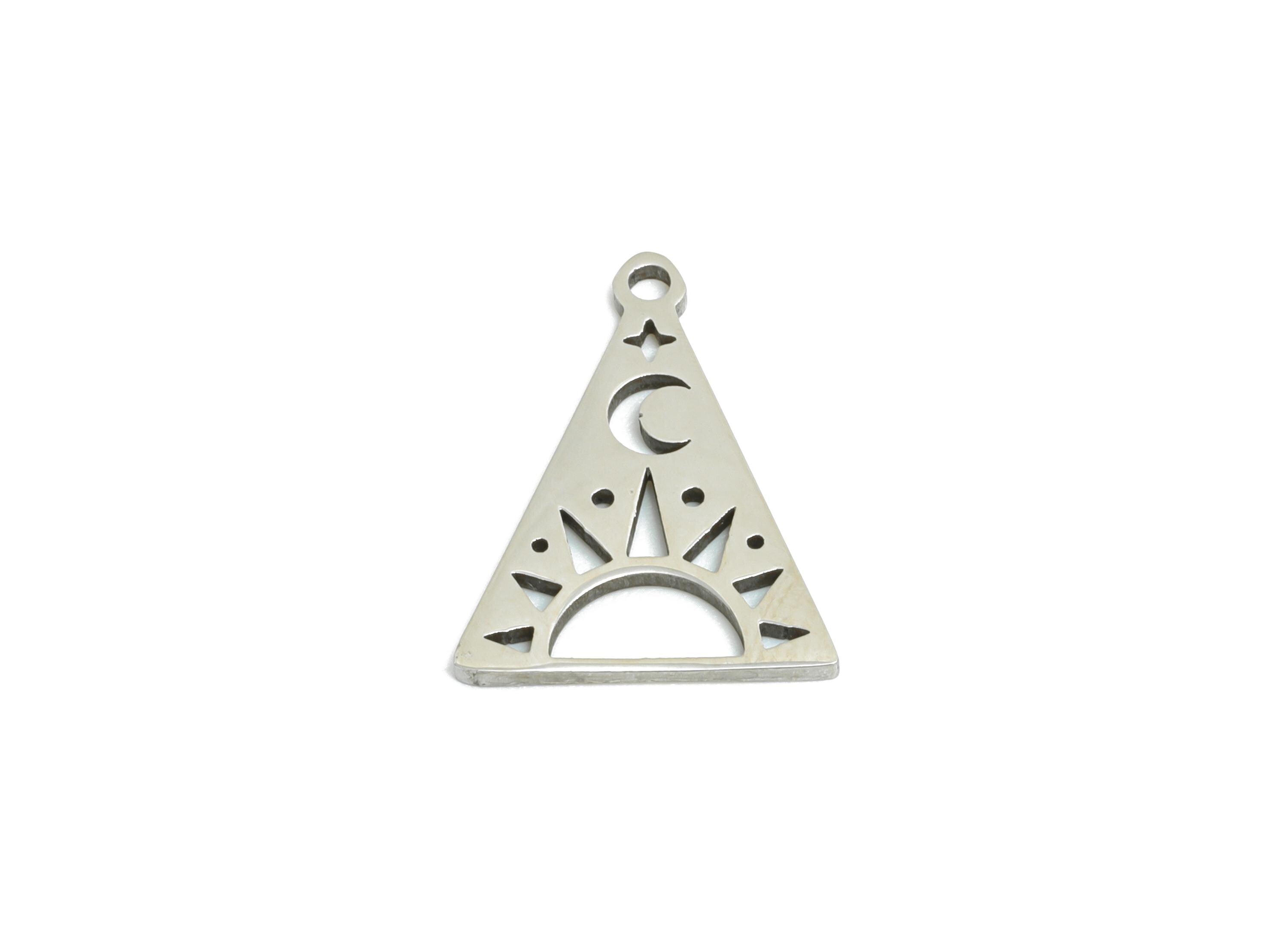 Steel Celestial Triangle Pendant - Sun and Moon Charm Jewelry - Crescent Star Pendant for DIY Crafts - Steel Charm - 14x11x0.98mm - SS2454 - DOMEDBAZAAR