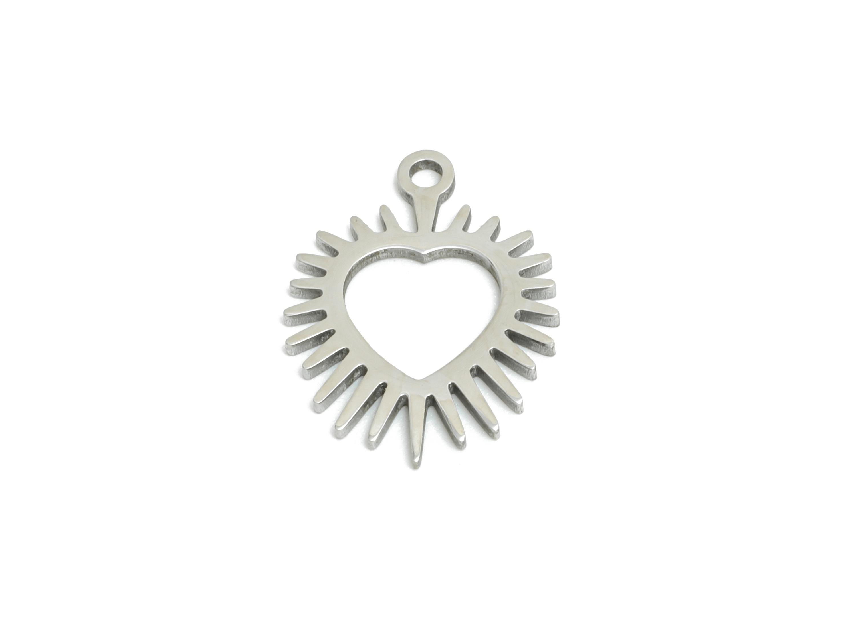Steel Heart Charm - Sacred Heart Pendant - Laser Cut Radiant Love Charm - Stainless Steel Charm - Flaming Heart Symbol - 14x11x0.9mm -SS2513 - DOMEDBAZAAR