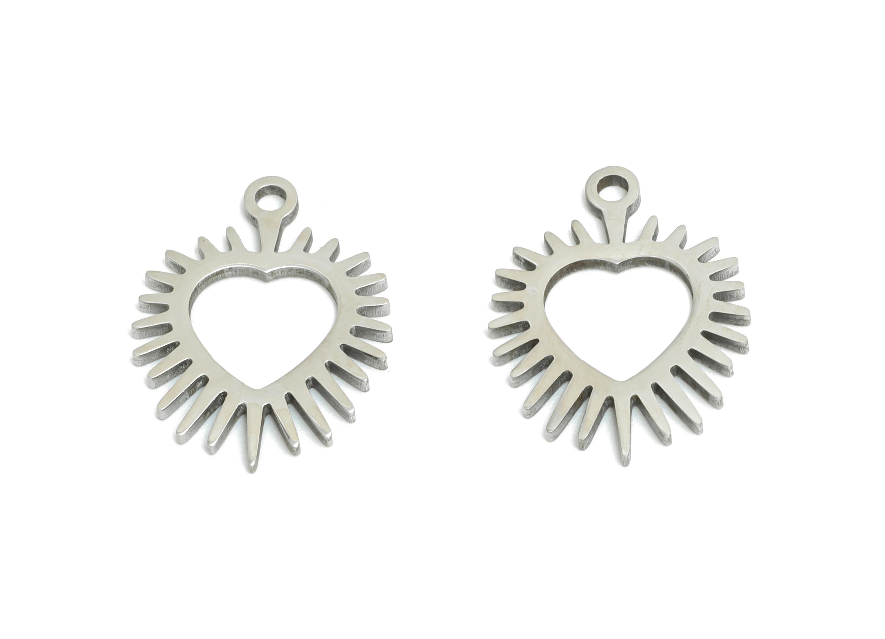 Steel Heart Charm - Sacred Heart Pendant - Laser Cut Radiant Love Charm - Stainless Steel Charm - Flaming Heart Symbol - 14x11x0.9mm -SS2513 - DOMEDBAZAAR