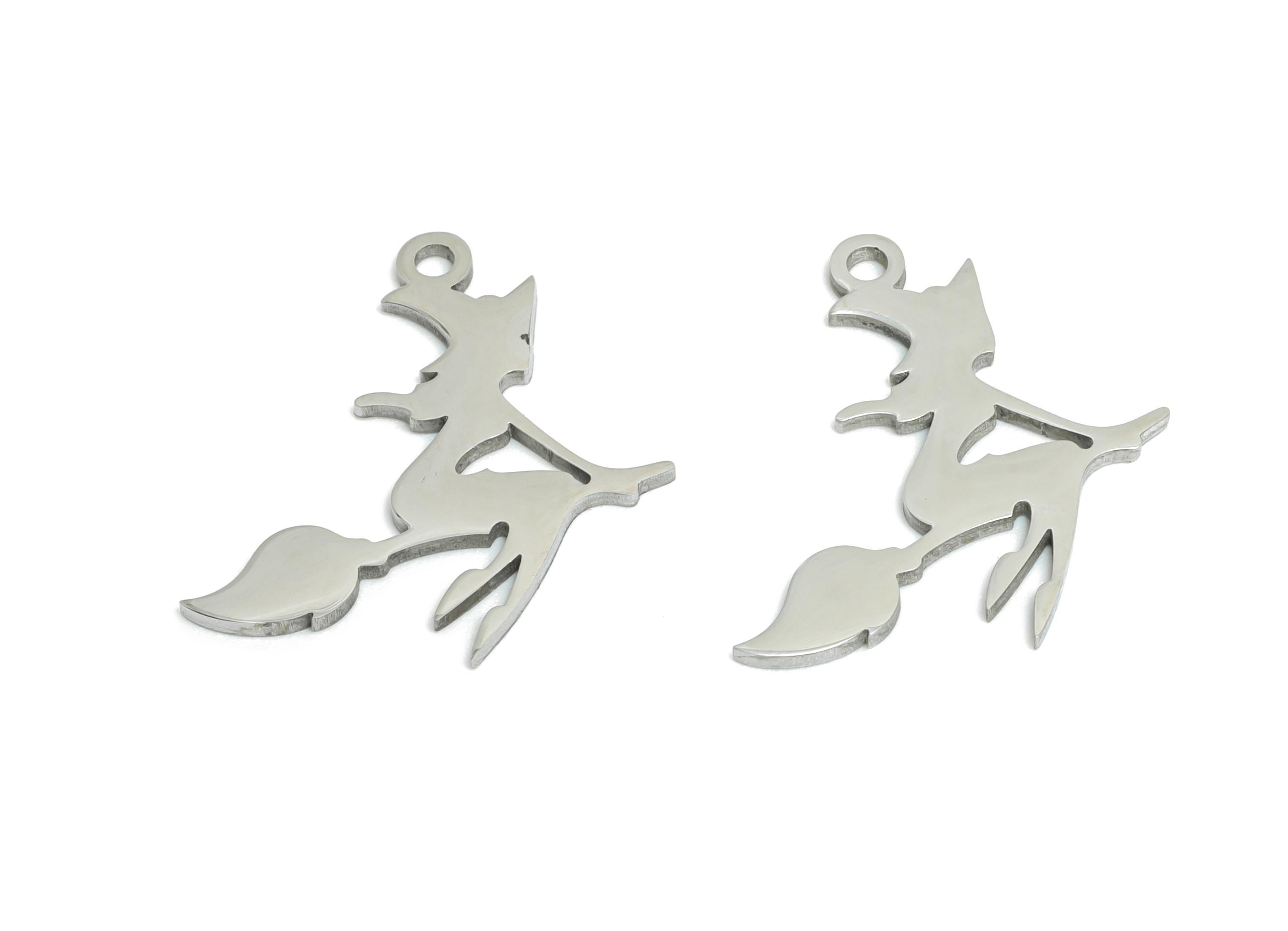 Witch on Broom Charm - Magical Magic Witch Pendant - Halloween Steel Jewelry Making - Stainless Steel Jewelry - 17.8x17.66x0.98mm - SS2508 - DOMEDBAZAAR