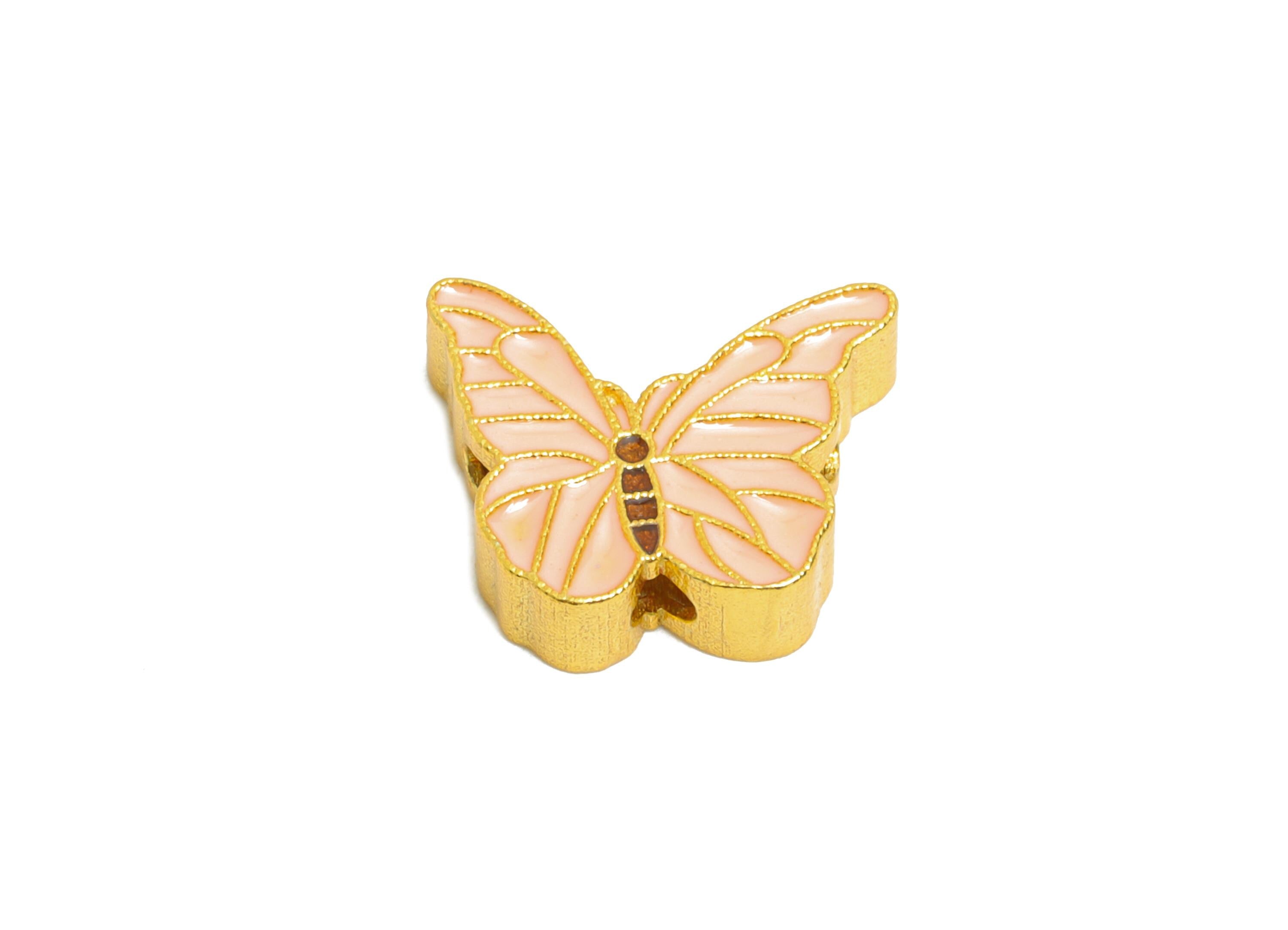 Brass Enamel Butterfly Bead - Pink Butterfly Bead for Bracelets - Handcrafted Butterfly Bead - 24K Real Gold Plated - 10x8x2.95mm - RGP11000