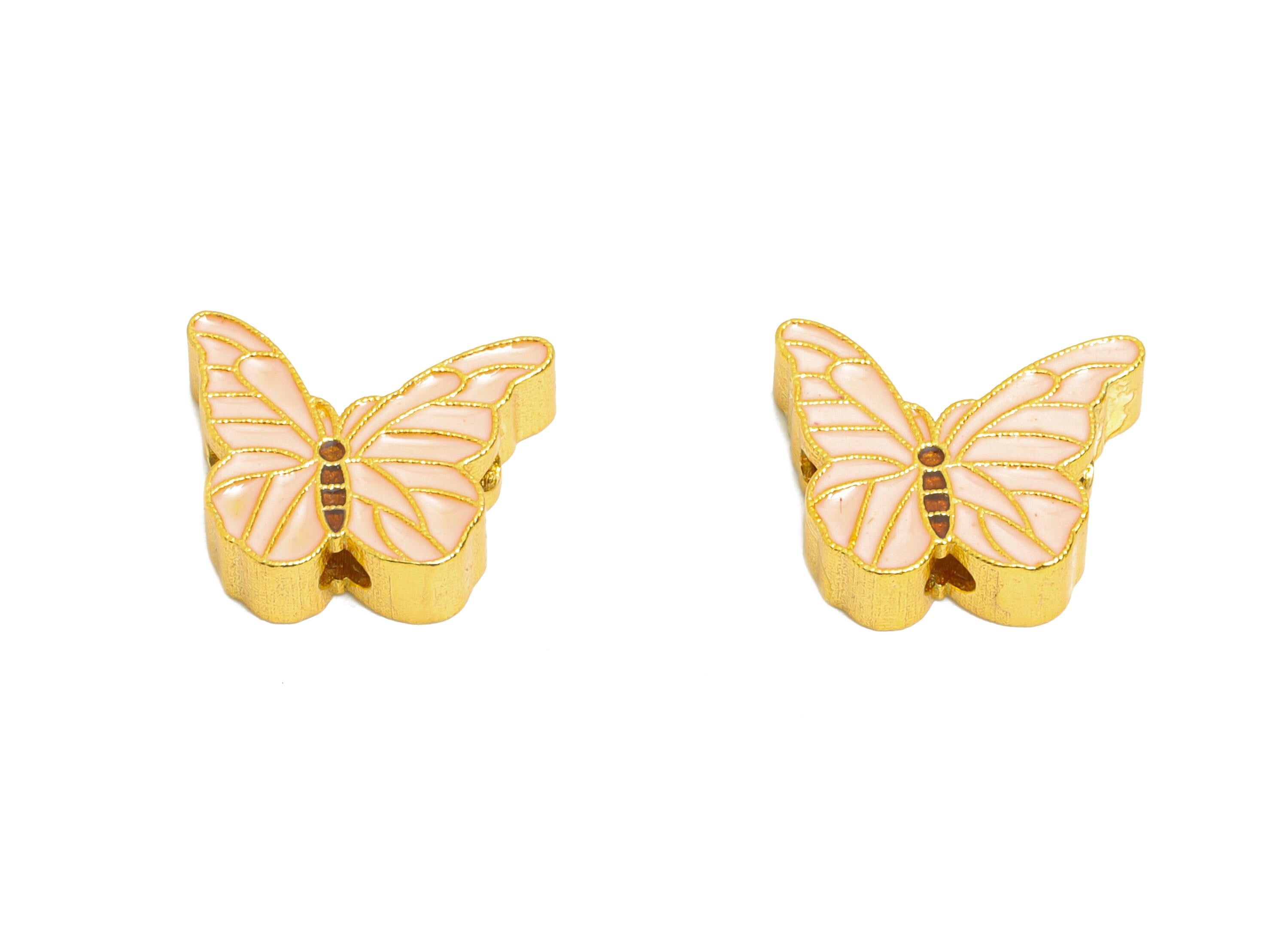 Brass Enamel Butterfly Bead - Pink Butterfly Bead for Bracelets - Handcrafted Butterfly Bead - 24K Real Gold Plated - 10x8x2.95mm - RGP11000