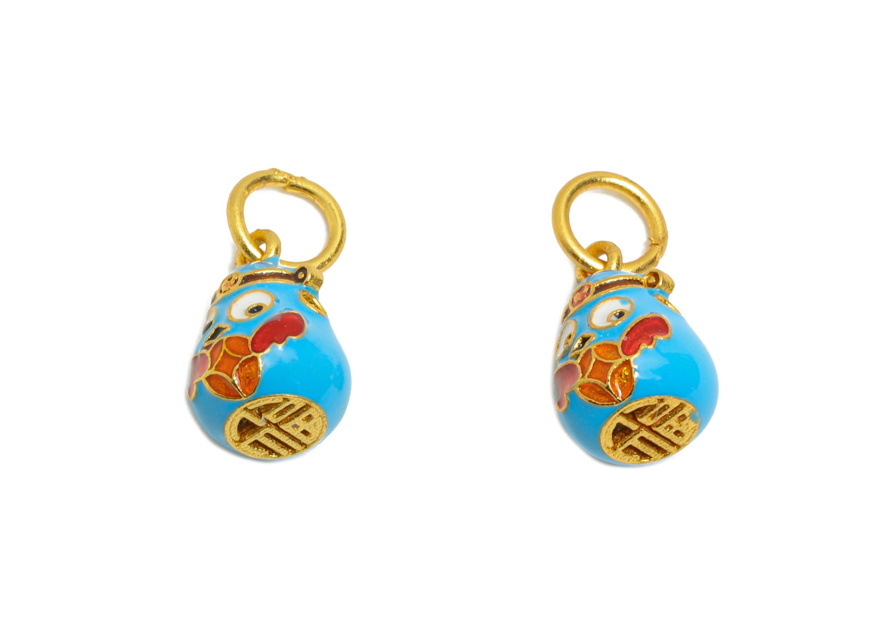 Brass Enamel Gourd Charm - Vintage Cloisonné Pendant - Artisan Bohemian Lucky Charm for Jewelry - 24K Real Gold Plated - 10x6x6mm- RGP10996