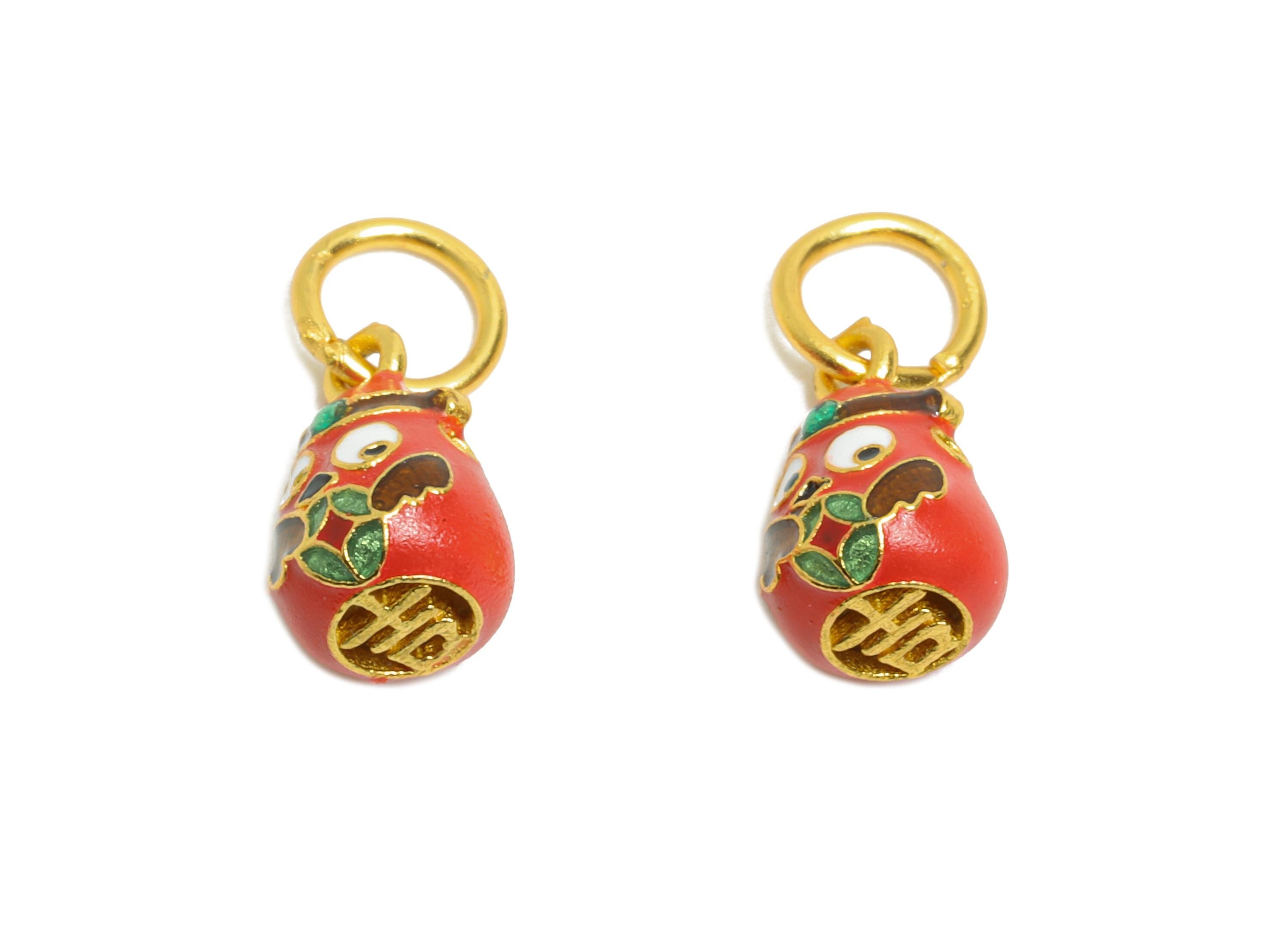 Brass Enamel Gourd Charm - Vintage Cloisonné Pendant - Artisan Bohemian Lucky Charm for Jewelry - 24K Real Gold Plated - 9x5x5mm- RGP10995
