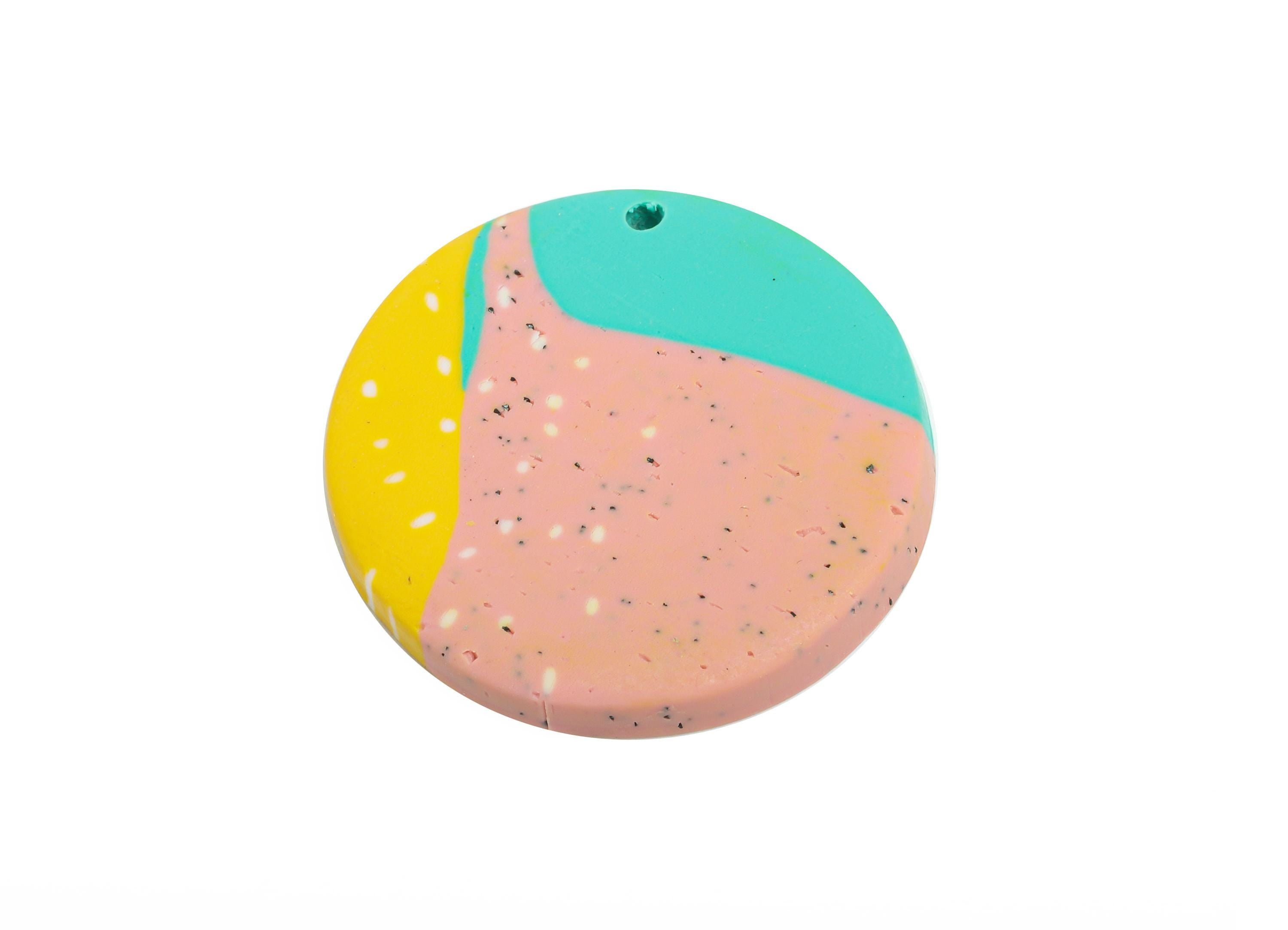 Polymer Clay Round Earring Charm - Multicolor Coin Charm - Handmade Abstract Pendant - Geometric Color Block Charm - 25x26x2.61mm - PC2358