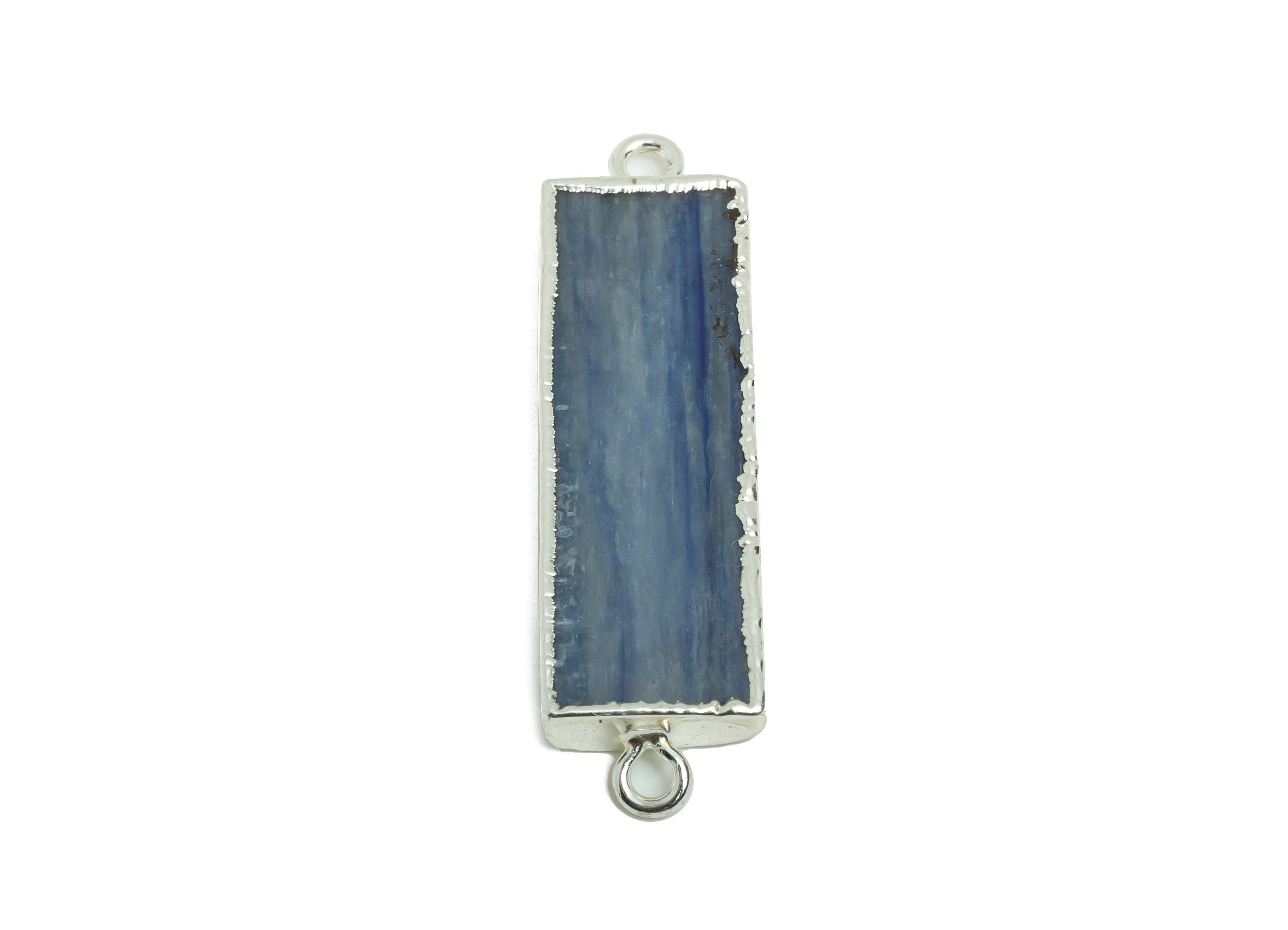Kyanite Stick Stone Charm - Rectangle Long Bar Bracelet Connector - Healing Stone Jewelry - 14K White Gold Plated - 36.94x11.3x4mm - NS2404 - DOMEDBAZAAR