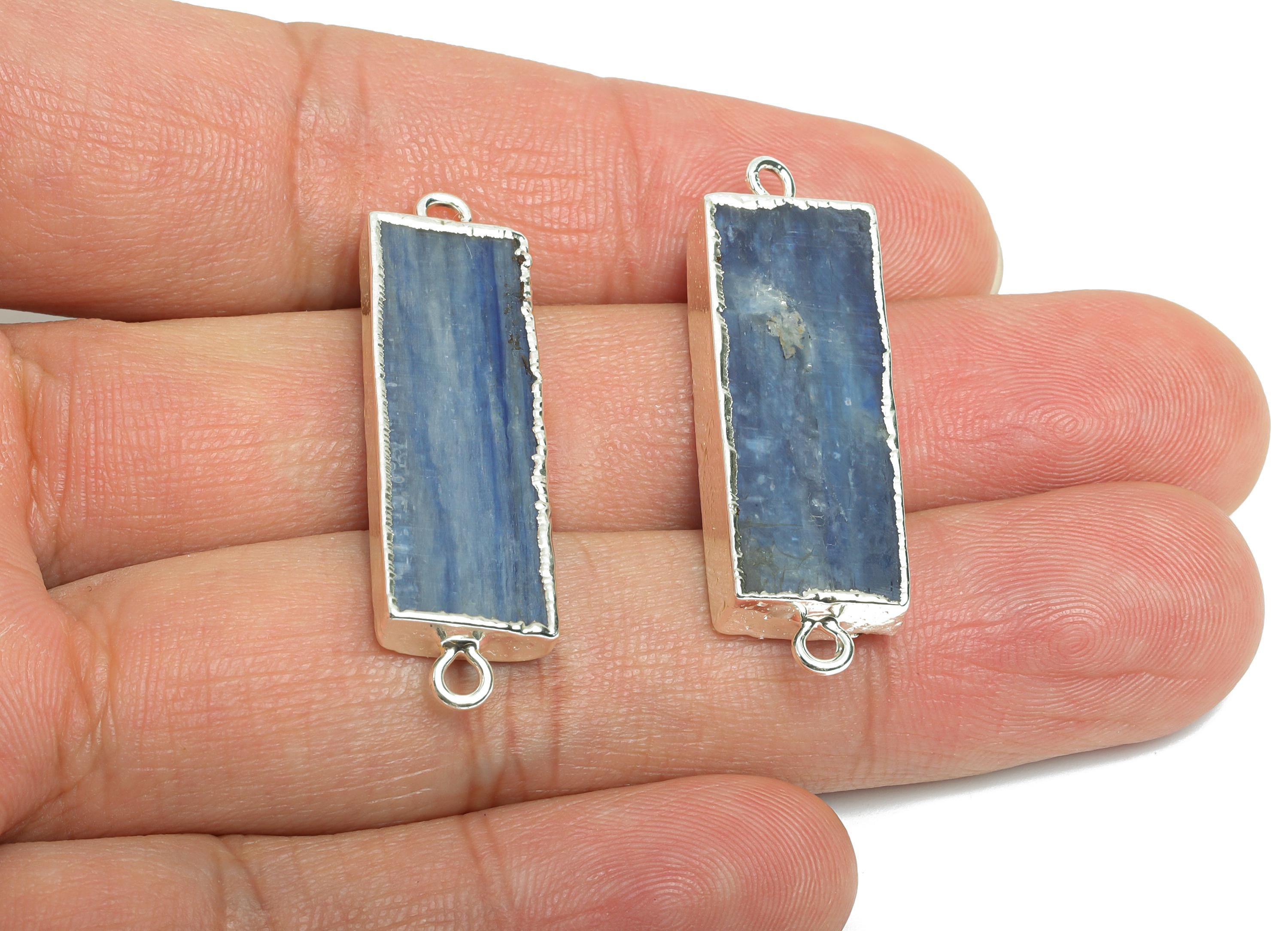 Kyanite Stick Stone Charm - Rectangle Long Bar Bracelet Connector - Healing Stone Jewelry - 14K White Gold Plated - 36.94x11.3x4mm - NS2404 - DOMEDBAZAAR