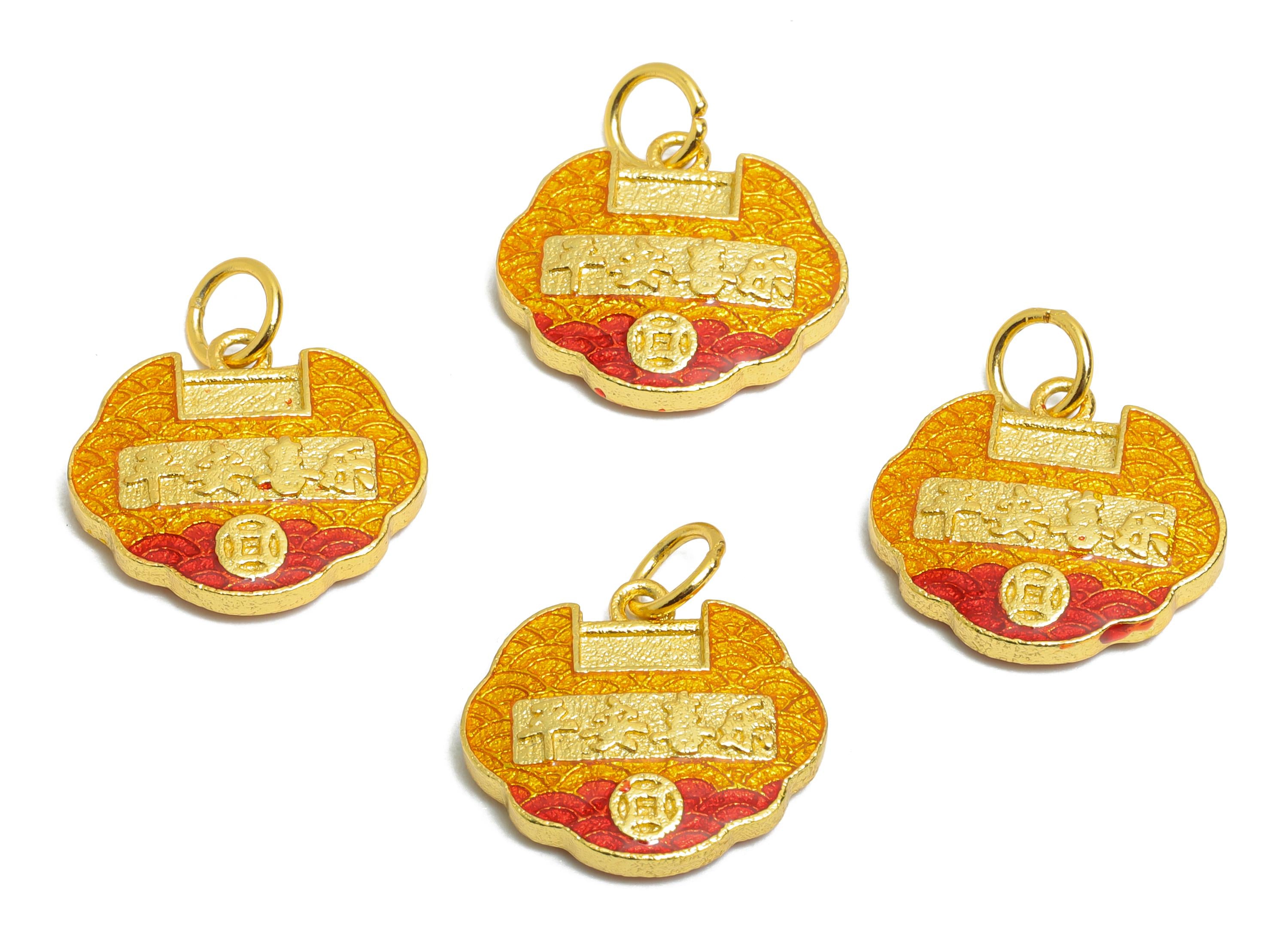 Brass Enamel Lock Charm - Chinese Good Luck Charm Pendant - Lucky Eastern Charm Jewelry - 24K Real Gold Plated - 13x14x3.54mm - RGP10989