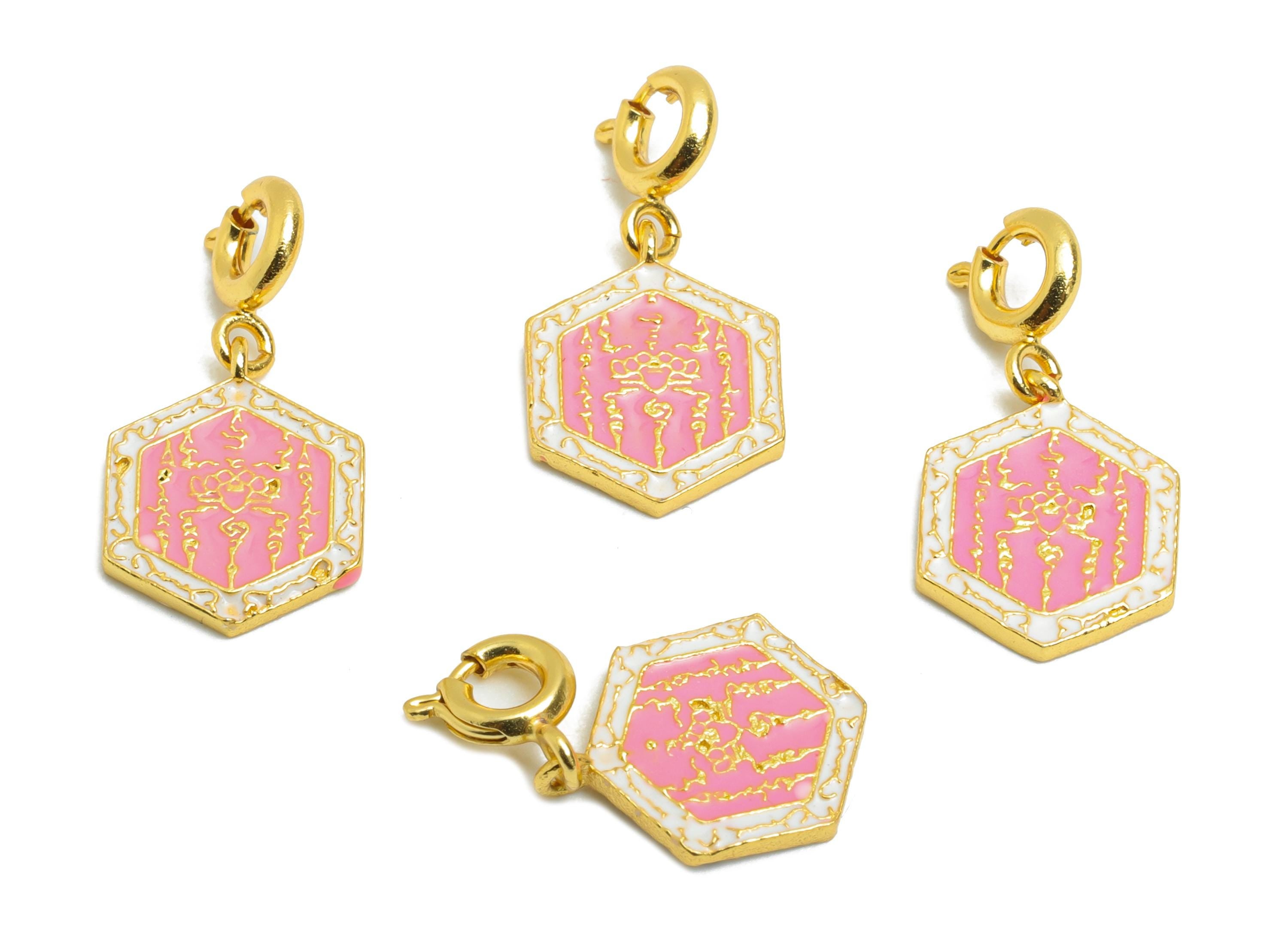 Brass Enamel Clasp - Pink Octagonal Energy Talisman Clasp - Handmade Eastern Charm For Bracelet - 24K Real Gold Plated - 12x10x1mm -RGP10982