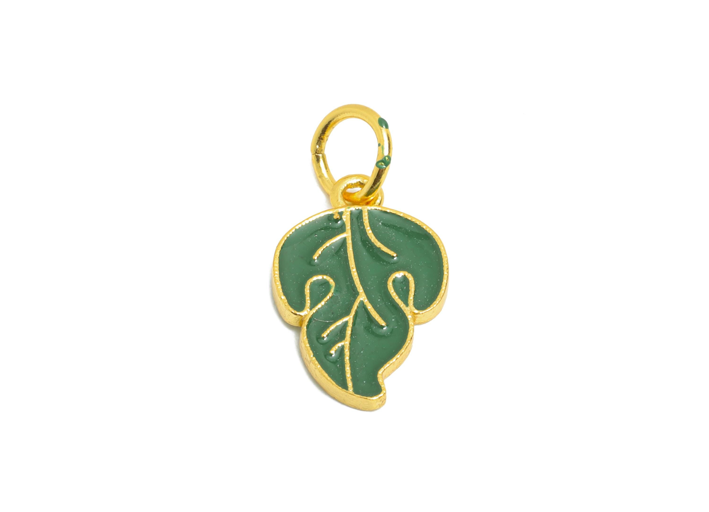 Brass Enamel Leaf Charm - Tropical Leaf Charm for Jewelry Making - For Bracelets & Necklaces - 24K Real Gold Plated - 12x8x1.32mm - RGP10994