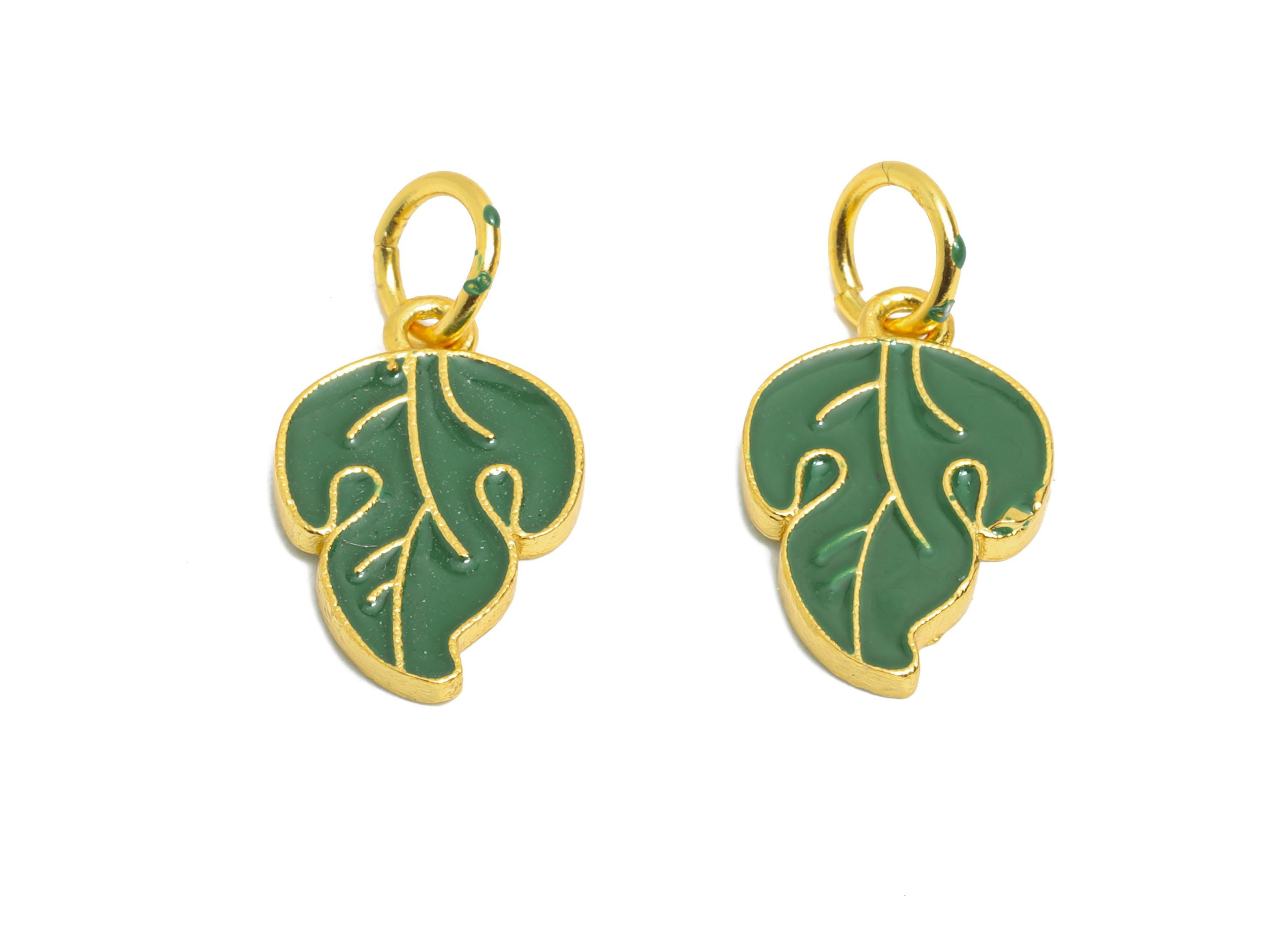 Brass Enamel Leaf Charm - Tropical Leaf Charm for Jewelry Making - For Bracelets & Necklaces - 24K Real Gold Plated - 12x8x1.32mm - RGP10994