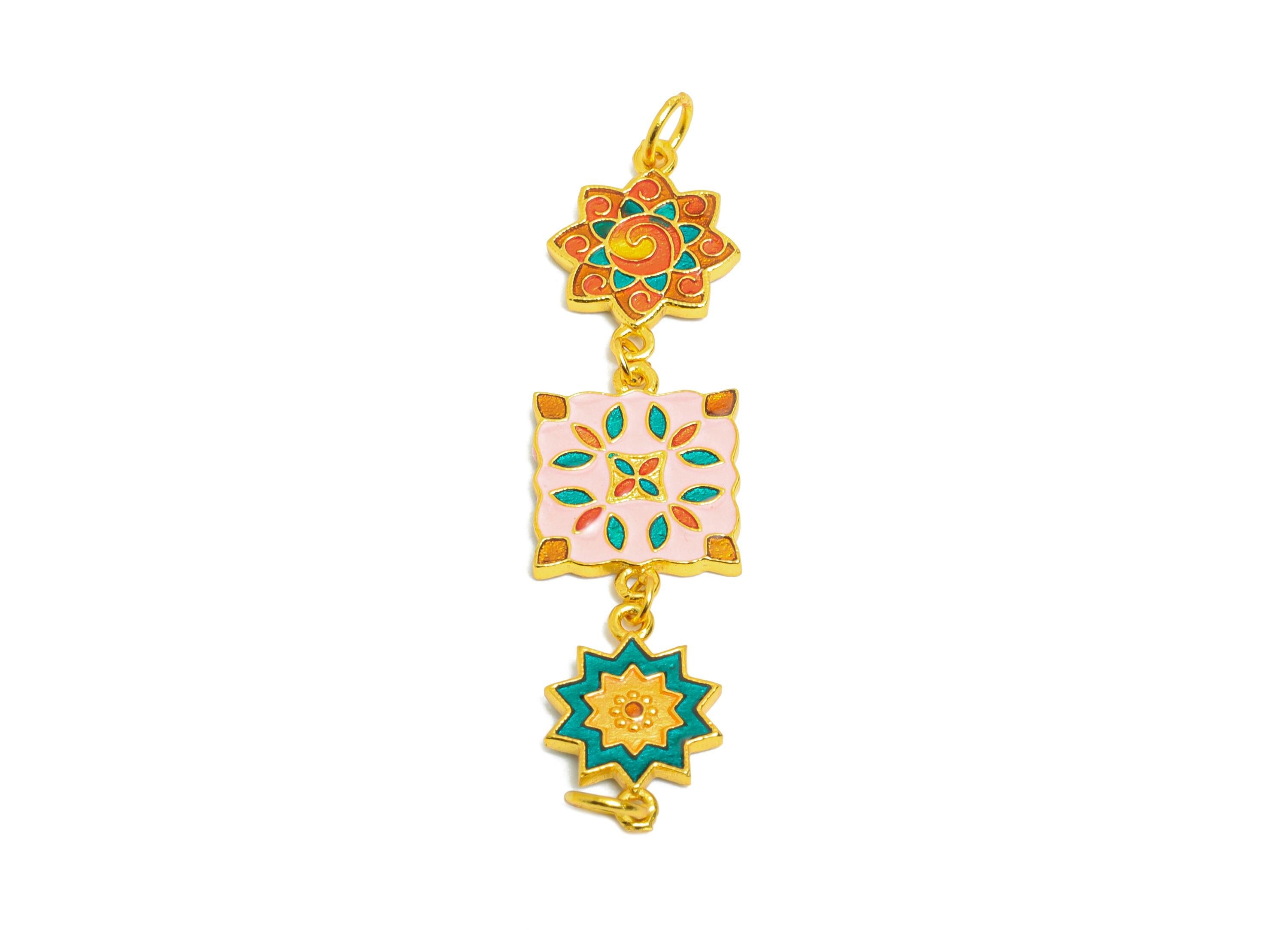 Brass Enamel Geometric Mandala Charm for Bracelets - Artistic Enamel Connector for DIY Jewelry - 24K Real Gold Plated - 43x13x1.1mm-RGP11007