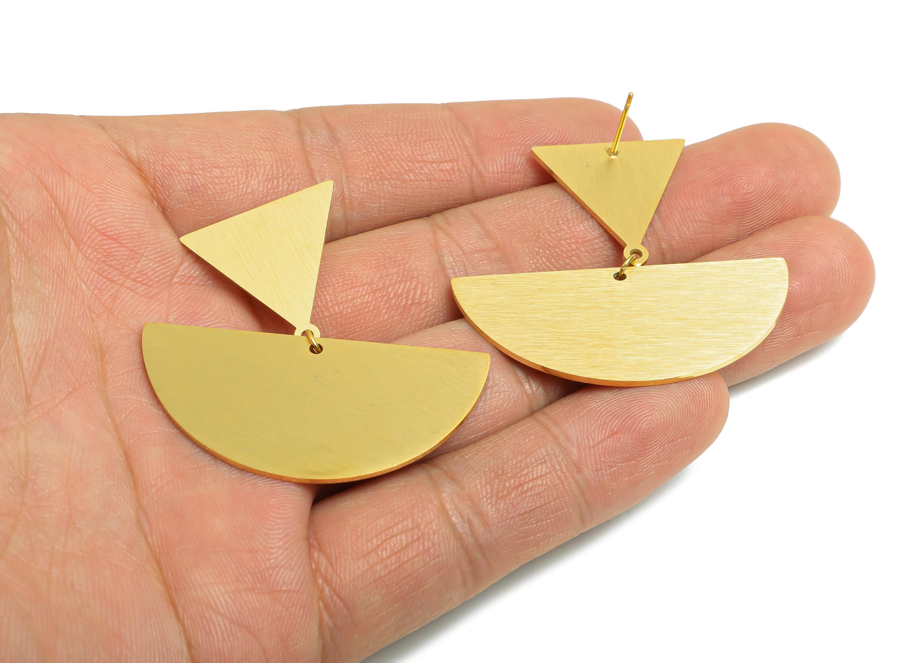 Steel Triangle Earring Stud - Modern Half Circle Dangle Earrings - Handmade Geometric Earring Post - Vacuum Gold Plating - 40x42x1mm -SS2255 - DOMEDBAZAAR