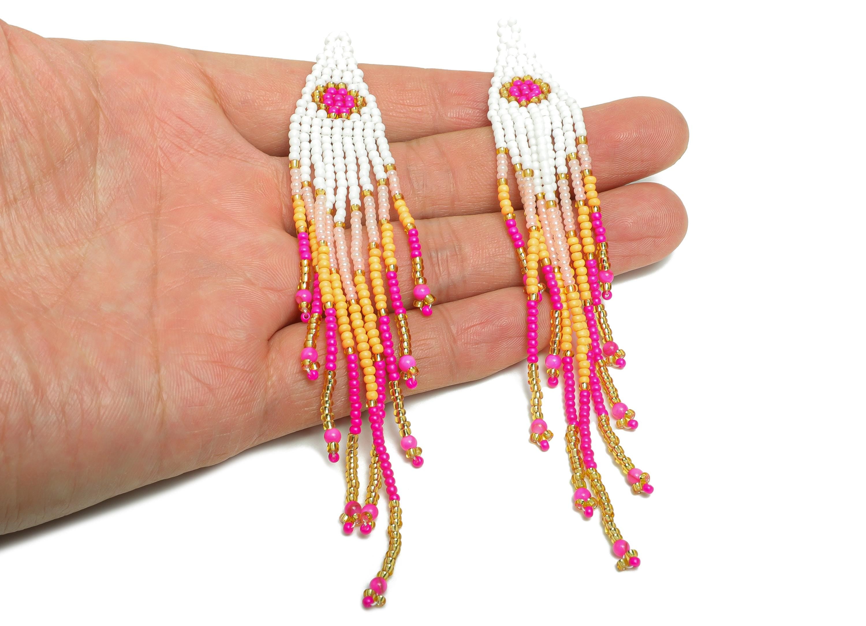 Beaded Tassel Earring Charm - Colorful Handmade Glass Beaded Long Fringe Charm - Trendy Boho Jewelry - Jewelry Making - 126x25x2mm - TH1084