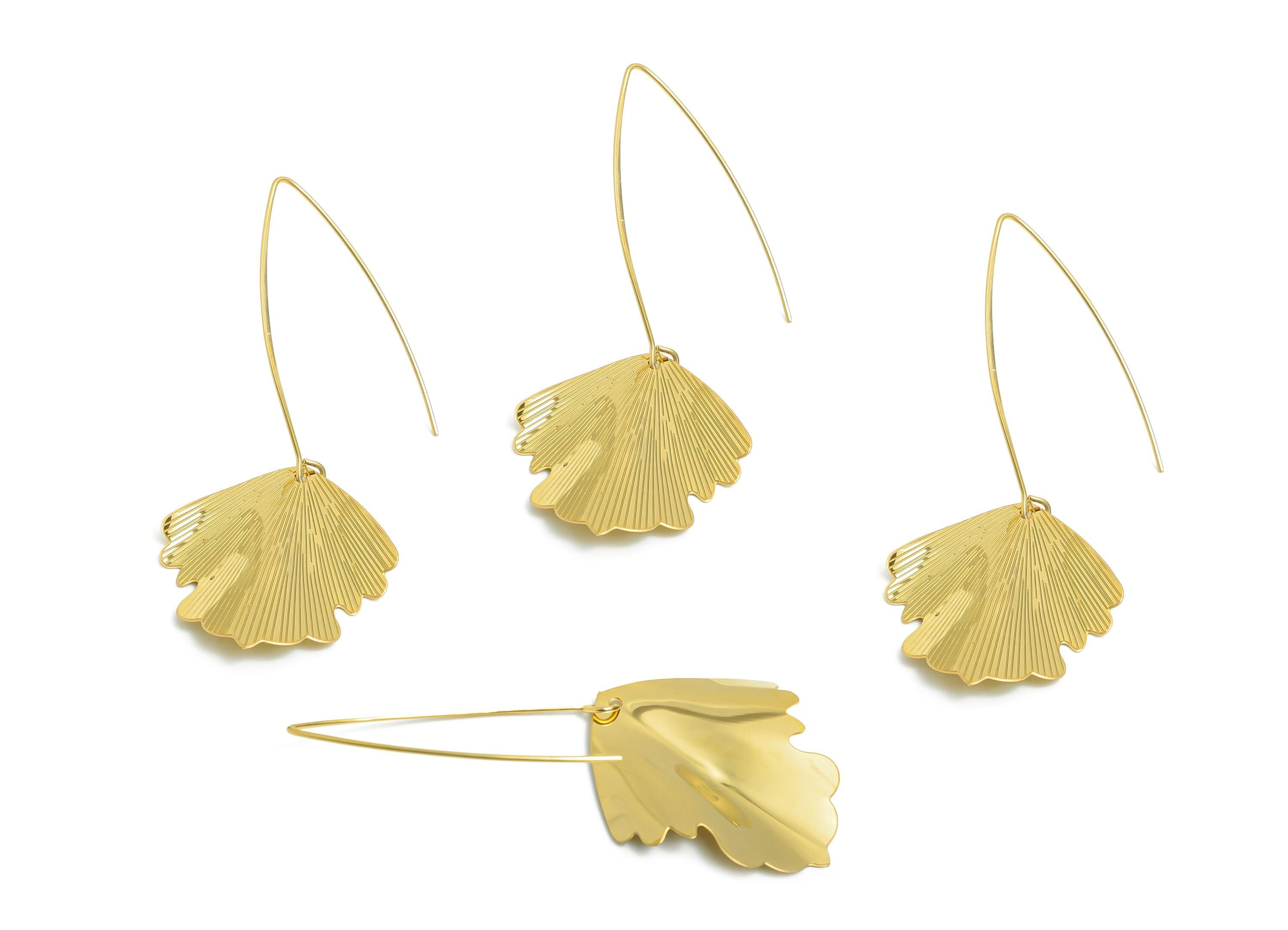 Steel Ginkgo Leaf Earring Hook - Ginkgo Leaf Earring Wire - Elegant Leaf Earrings for Women - Vacuum Gold Plating - 72x29x3.27mm - SS2254 - DOMEDBAZAAR