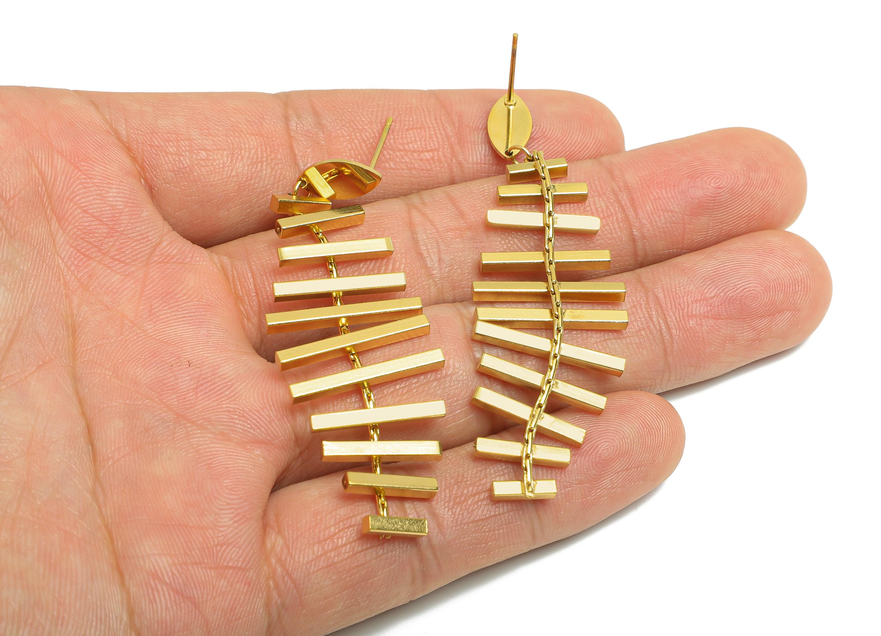 Steel Fishbone Earring Stud - Modern Long Dangle Earring Post - Handmade Geometric Earring Post - Vacuum Gold Plating - 62x20x3mm - SS2241 - DOMEDBAZAAR