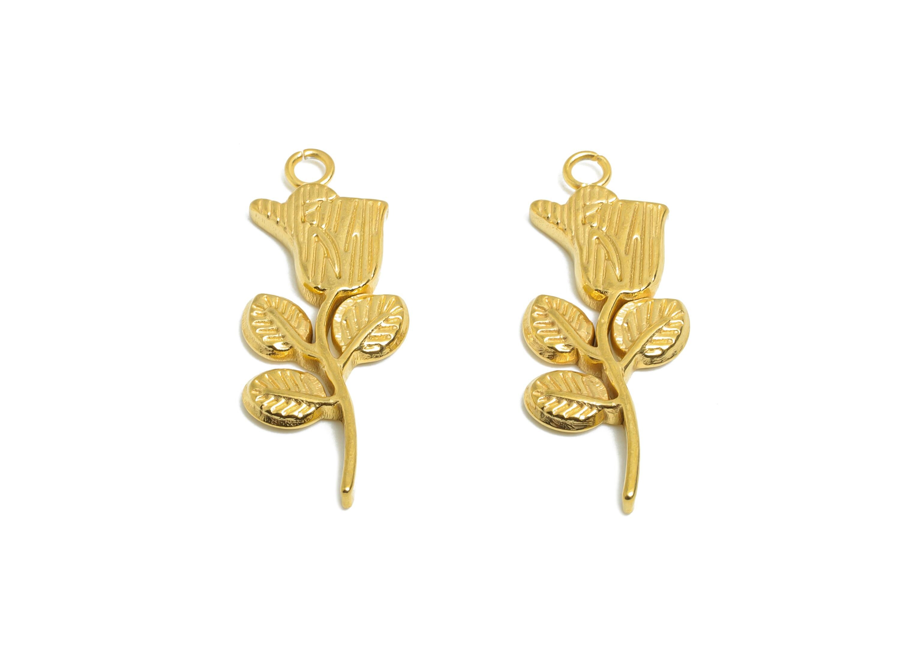 Steel Rose Earring Charm - DIY Unique Floral Earring Charm - DIY Jewelry Making Supplies - 18k Vacuum Plating - 25.44x9.78x2.06mm - SS2356 - DOMEDBAZAAR