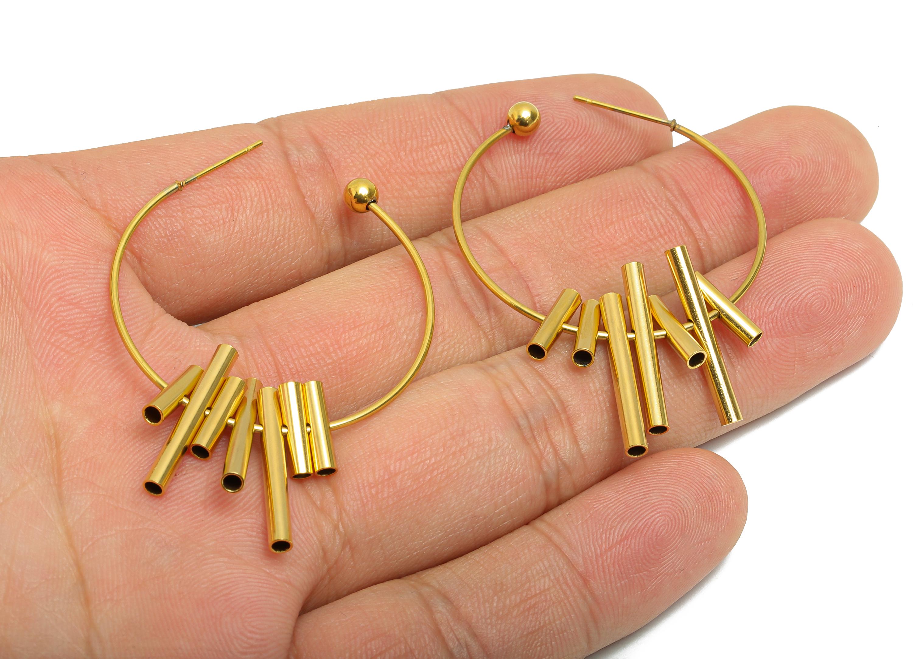 Steel Tube Hoop Earring Stud - Chic Modern Dangle Earring Post - Trendy  Chunky  Hoop Earring Post - Vacuum Gold Plating - 49x37x2mm-SS2253 - DOMEDBAZAAR