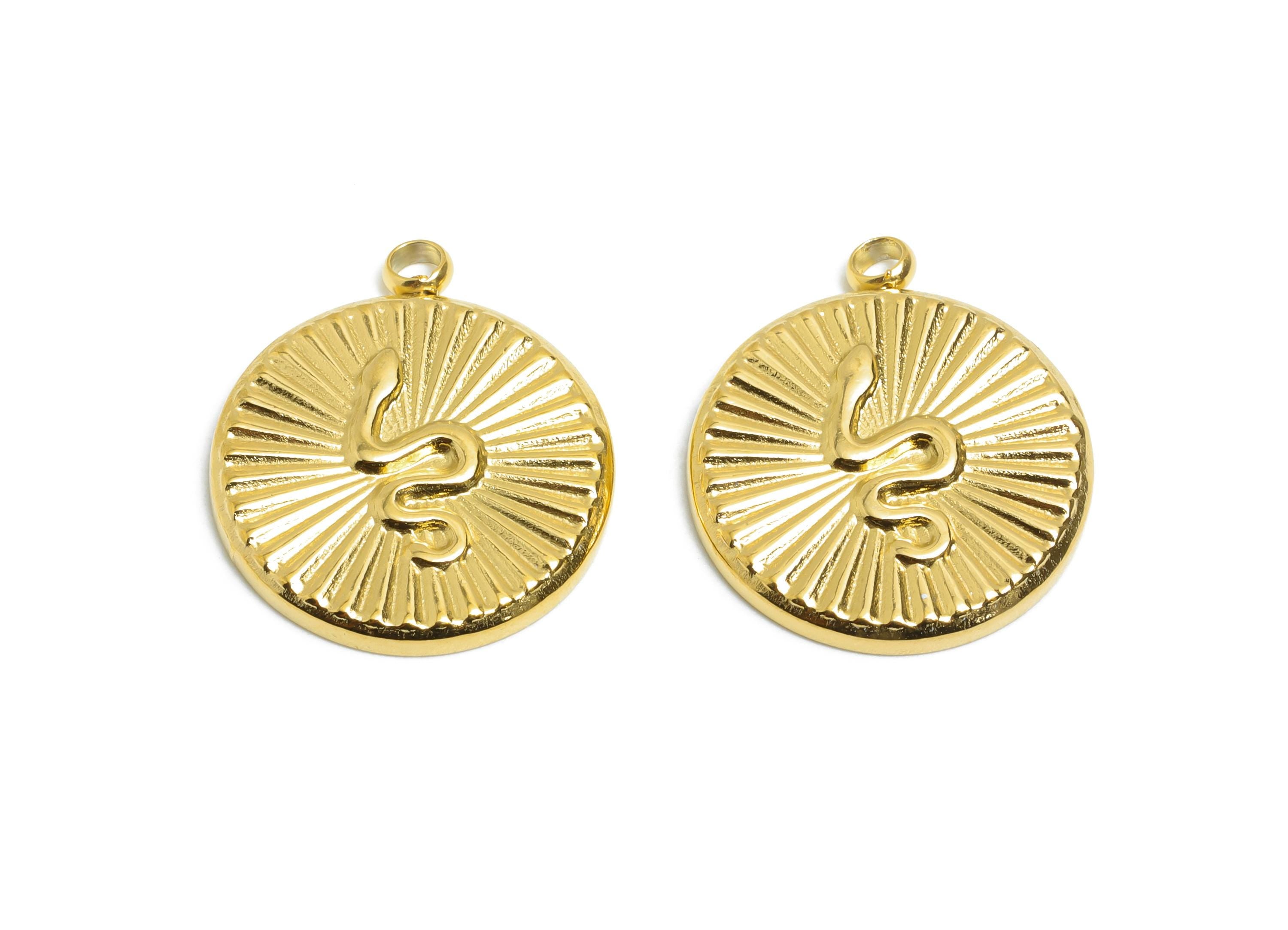 Stainless Steel Snake Charm - Textured Round Sunburst Snake Pendant - Mystical Serpent Charms - 18K Vacuum Plated - 18.7x15.9x2mm - SS2191G - DOMEDBAZAAR