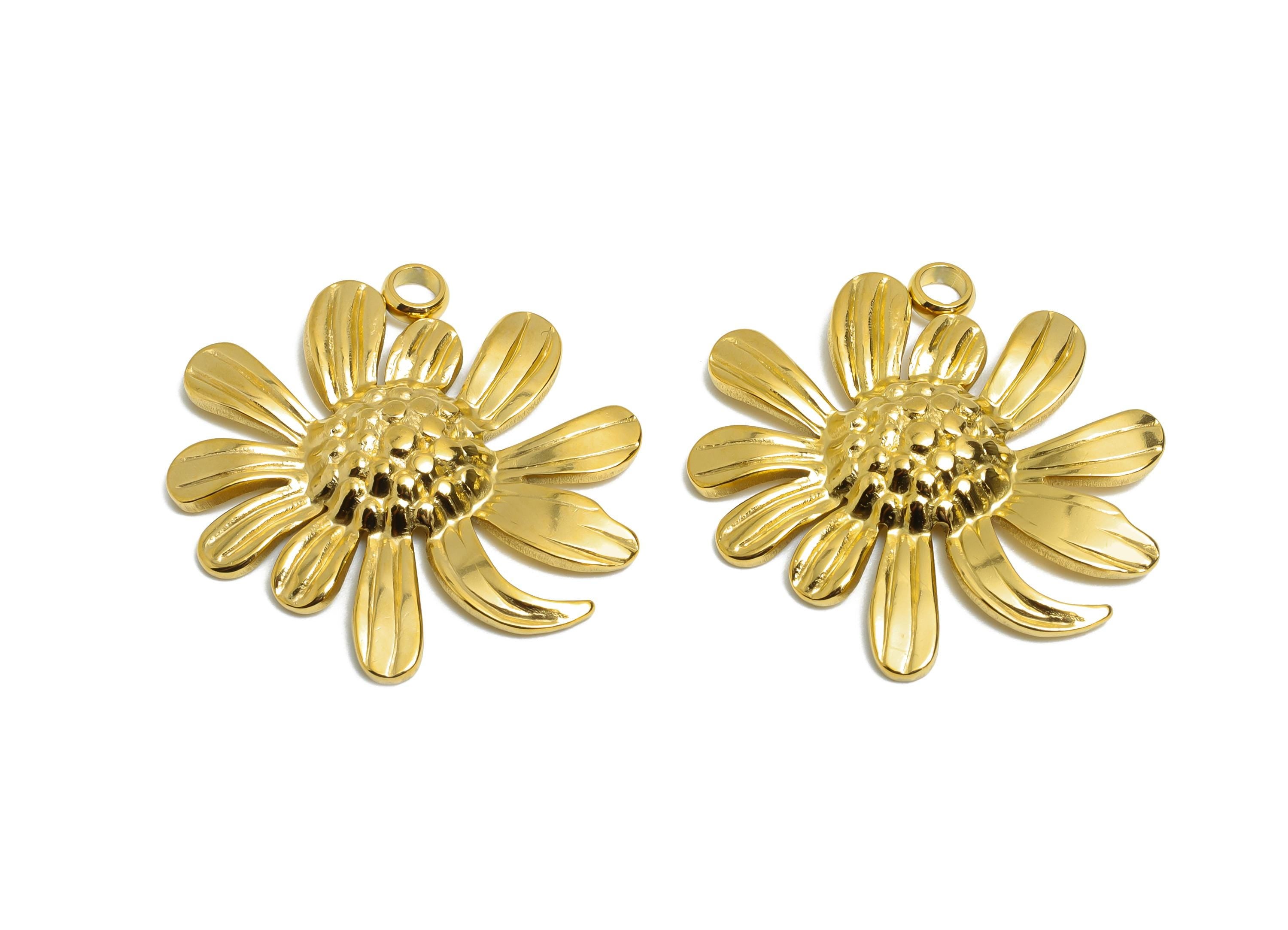 Steel Daisy Pendant - Handmade Dainty Flower Necklace Pendant - Statement Botanical Floral Pendant - 18K Vacuum Plated - 23x26x3mm - SS2202G - DOMEDBAZAAR