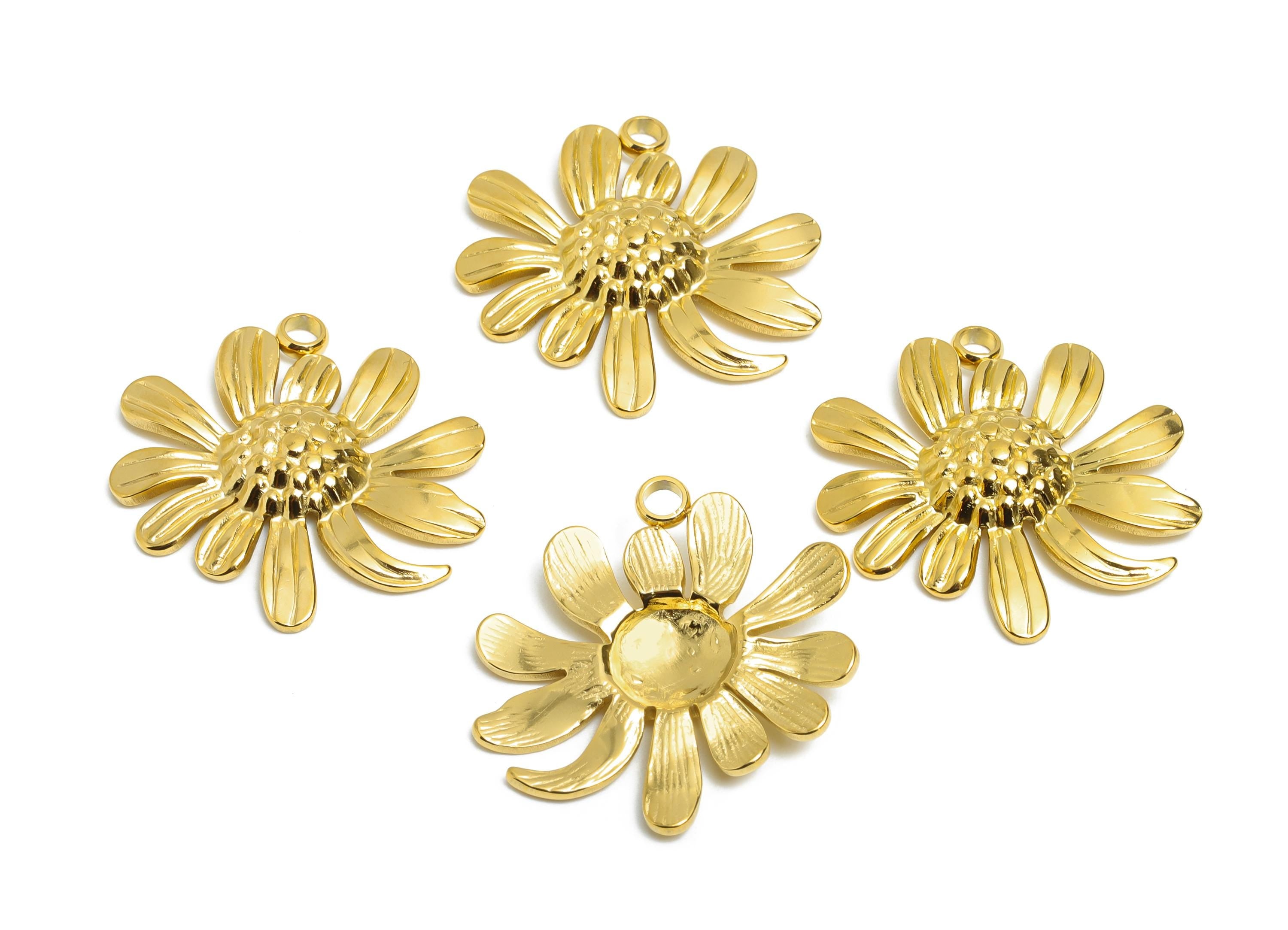 Steel Daisy Pendant - Handmade Dainty Flower Necklace Pendant - Statement Botanical Floral Pendant - 18K Vacuum Plated - 23x26x3mm - SS2202G - DOMEDBAZAAR