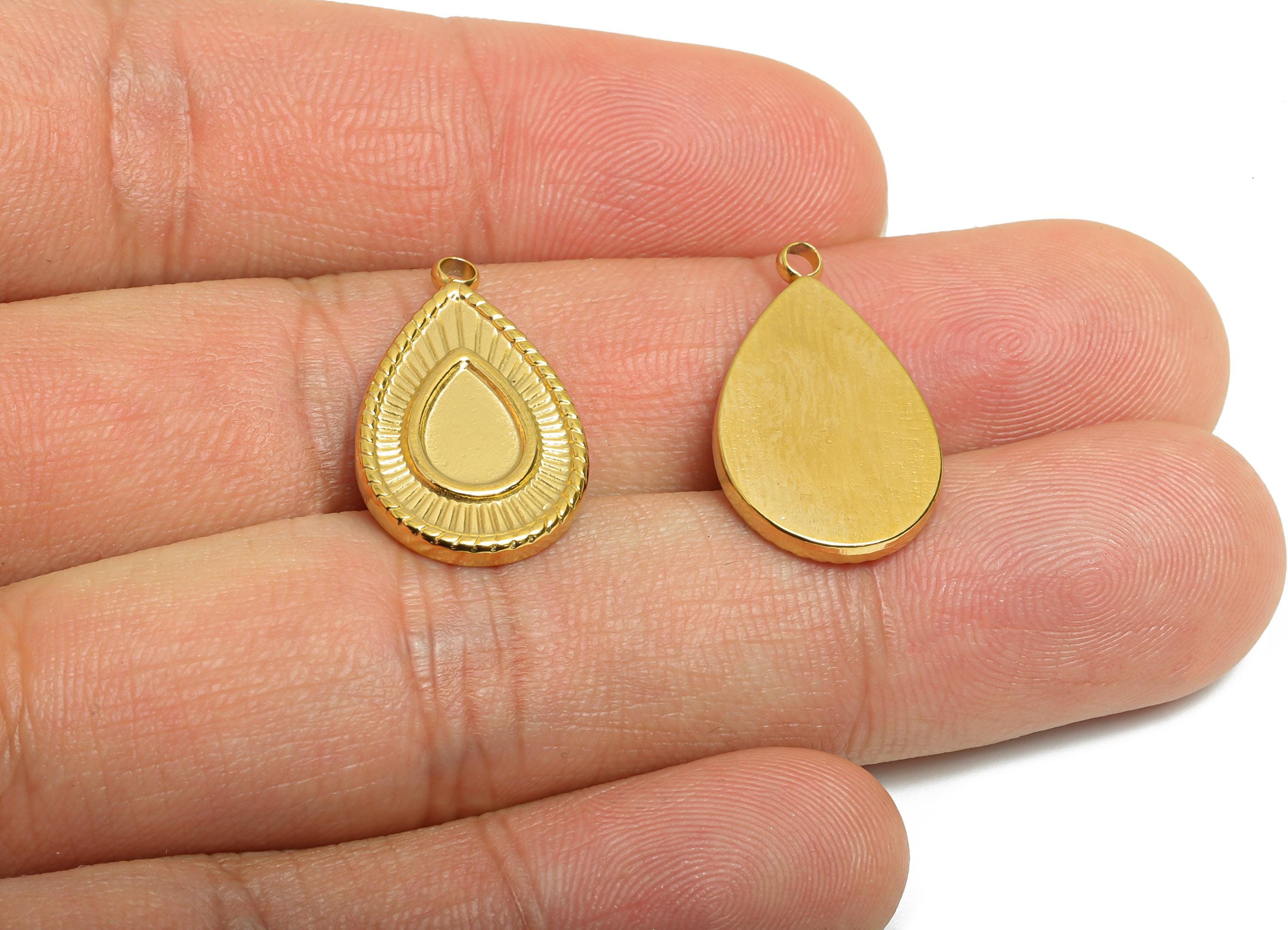 Steel Teardrop Charms - Elegant Drop Pendant for Necklace - Antique Sunburst Drop Charm - 18K Real Vacuum Plated - 22.84x13.28x2mm - SS2201G - DOMEDBAZAAR
