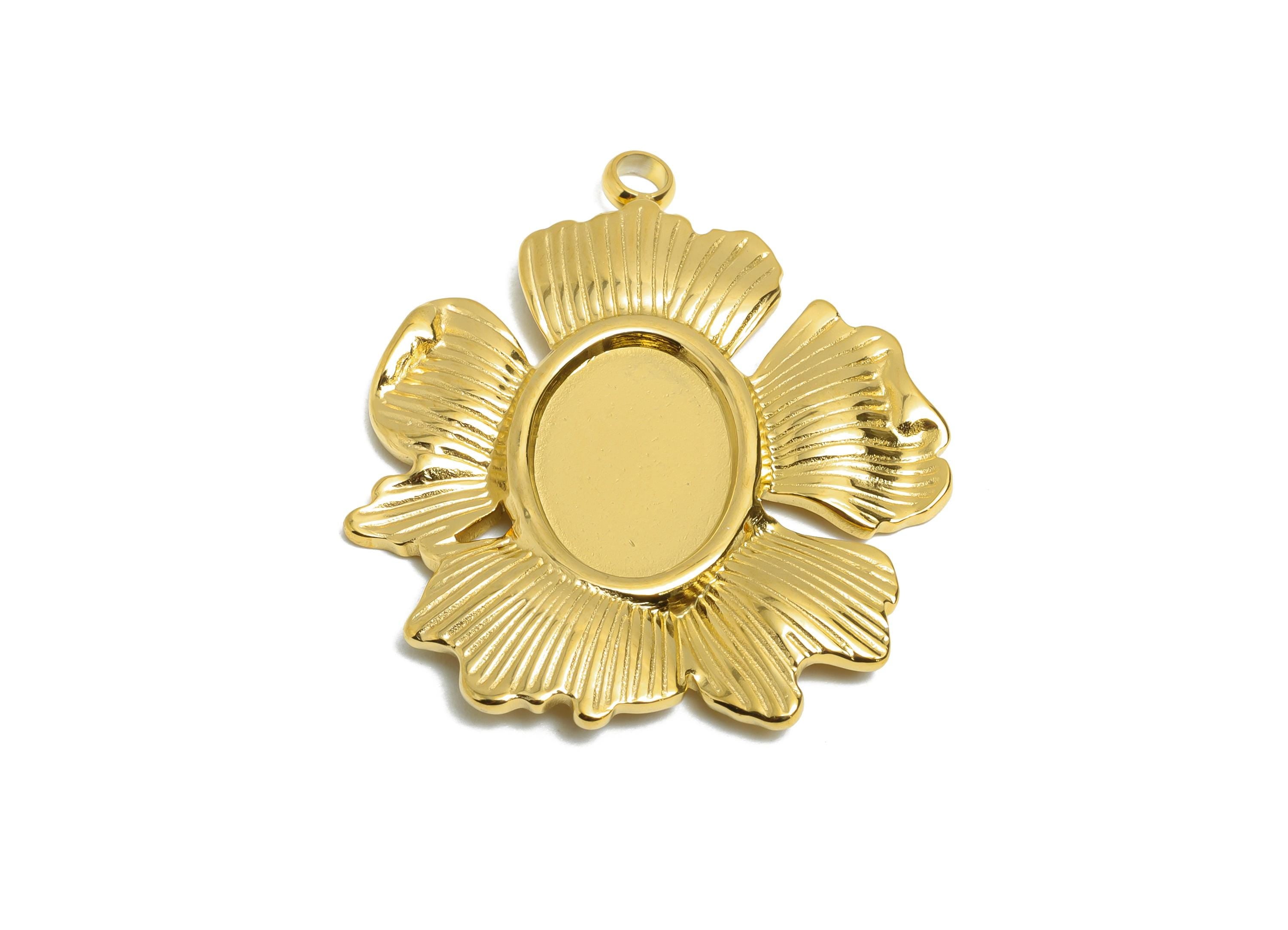 Stainless Steel Floral Pendant - Textured Flower Necklace Pendant - Vintage Botanical Charm - 18K Real Vacuum Plated - 34x29x2mm - SS2190G - DOMEDBAZAAR