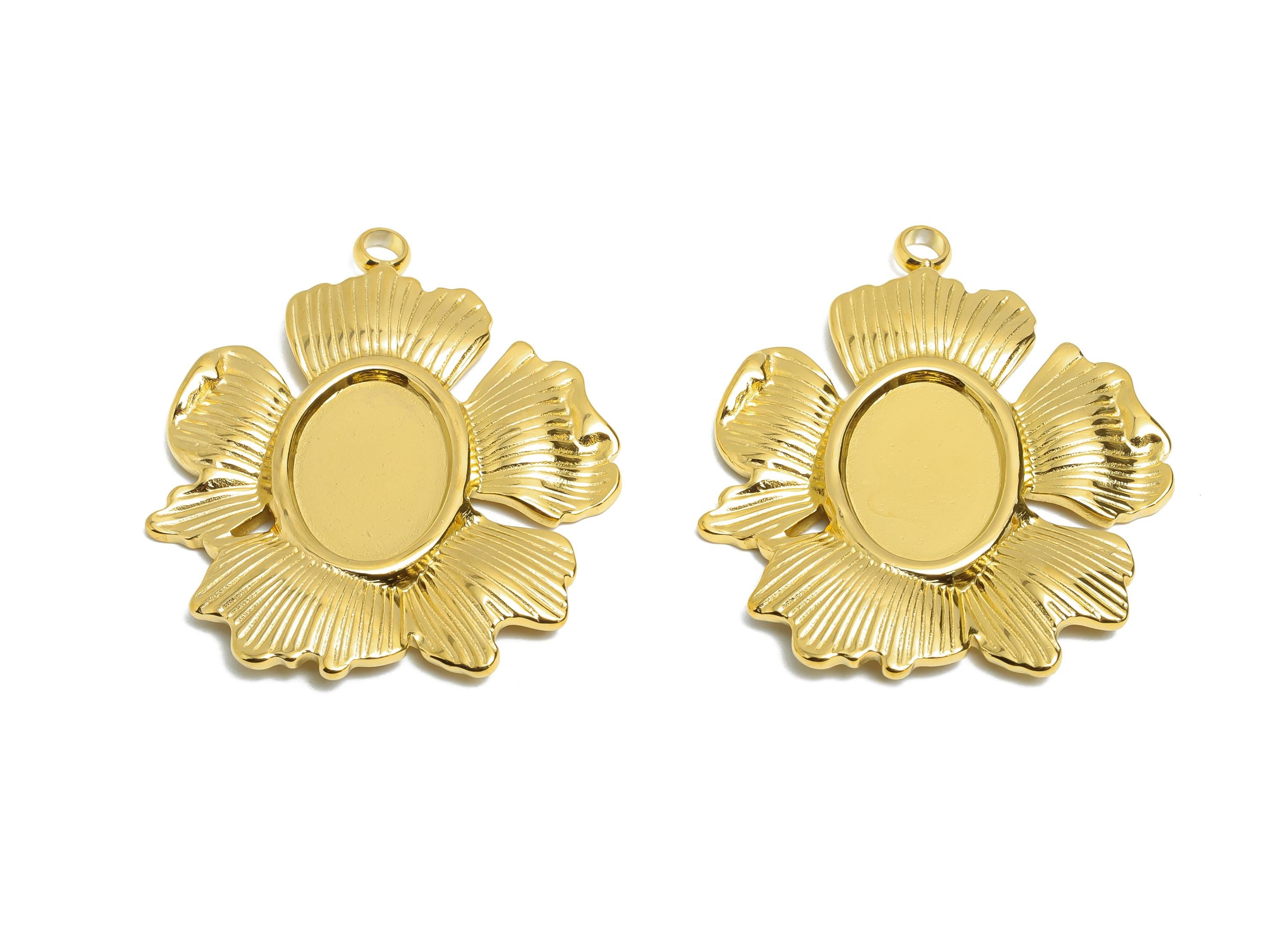 Stainless Steel Floral Pendant - Textured Flower Necklace Pendant - Vintage Botanical Charm - 18K Real Vacuum Plated - 34x29x2mm - SS2190G - DOMEDBAZAAR