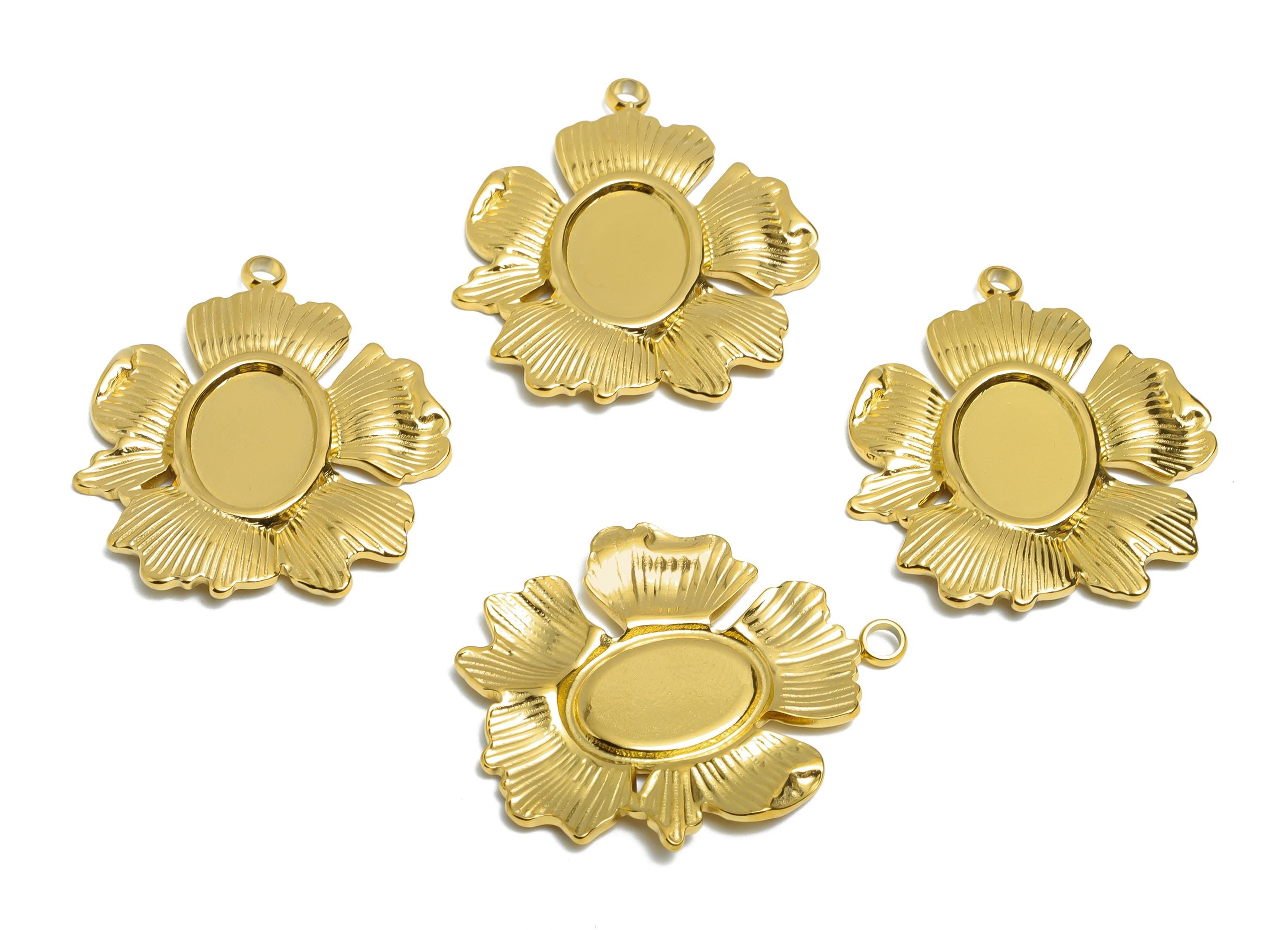 Stainless Steel Floral Pendant - Textured Flower Necklace Pendant - Vintage Botanical Charm - 18K Real Vacuum Plated - 34x29x2mm - SS2190G - DOMEDBAZAAR