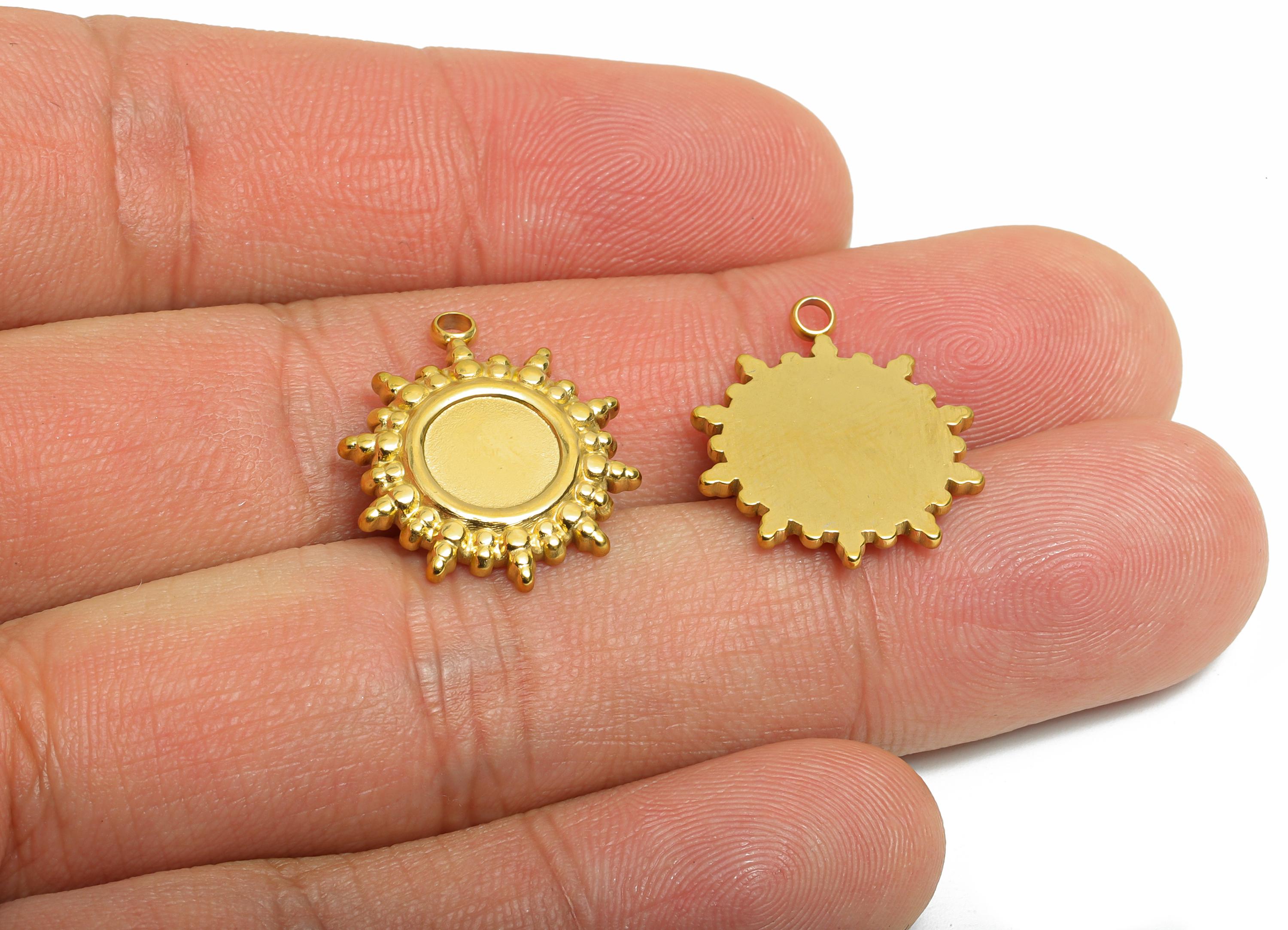 Stainless Steel Sunburst Pendant - Celestial Sun Pendant for Necklace - Antique Sunshine Charm - 18K Vacuum Plated - 20.9x18x2mm - SS2195G - DOMEDBAZAAR