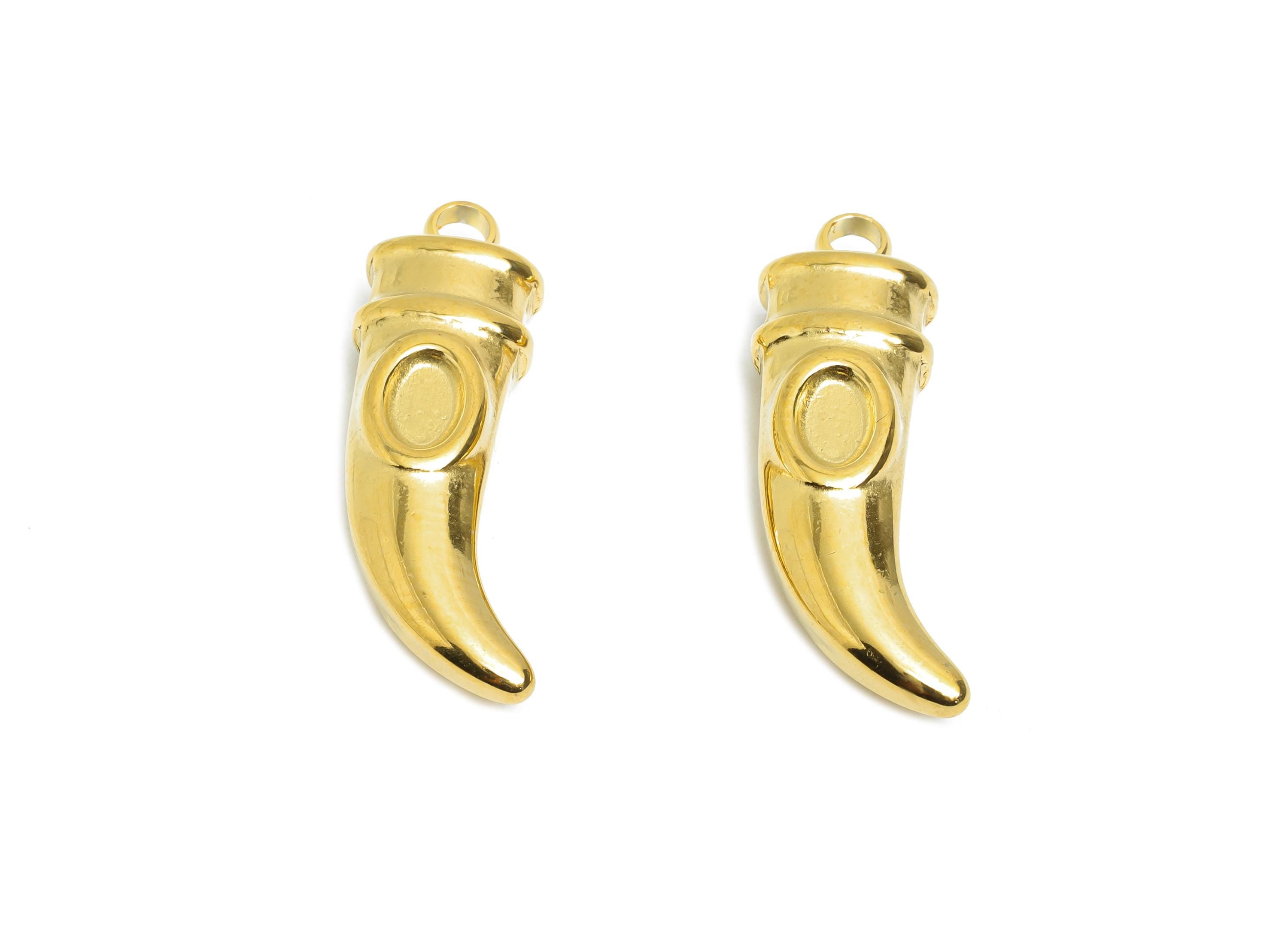Steel Horn Charms - Golden Curved Horn Pendant for Gem - Statement Horn Necklace Pendant - 18K Real Vacuum Plated - 29x8.95x5.78mm - SS2207G - DOMEDBAZAAR