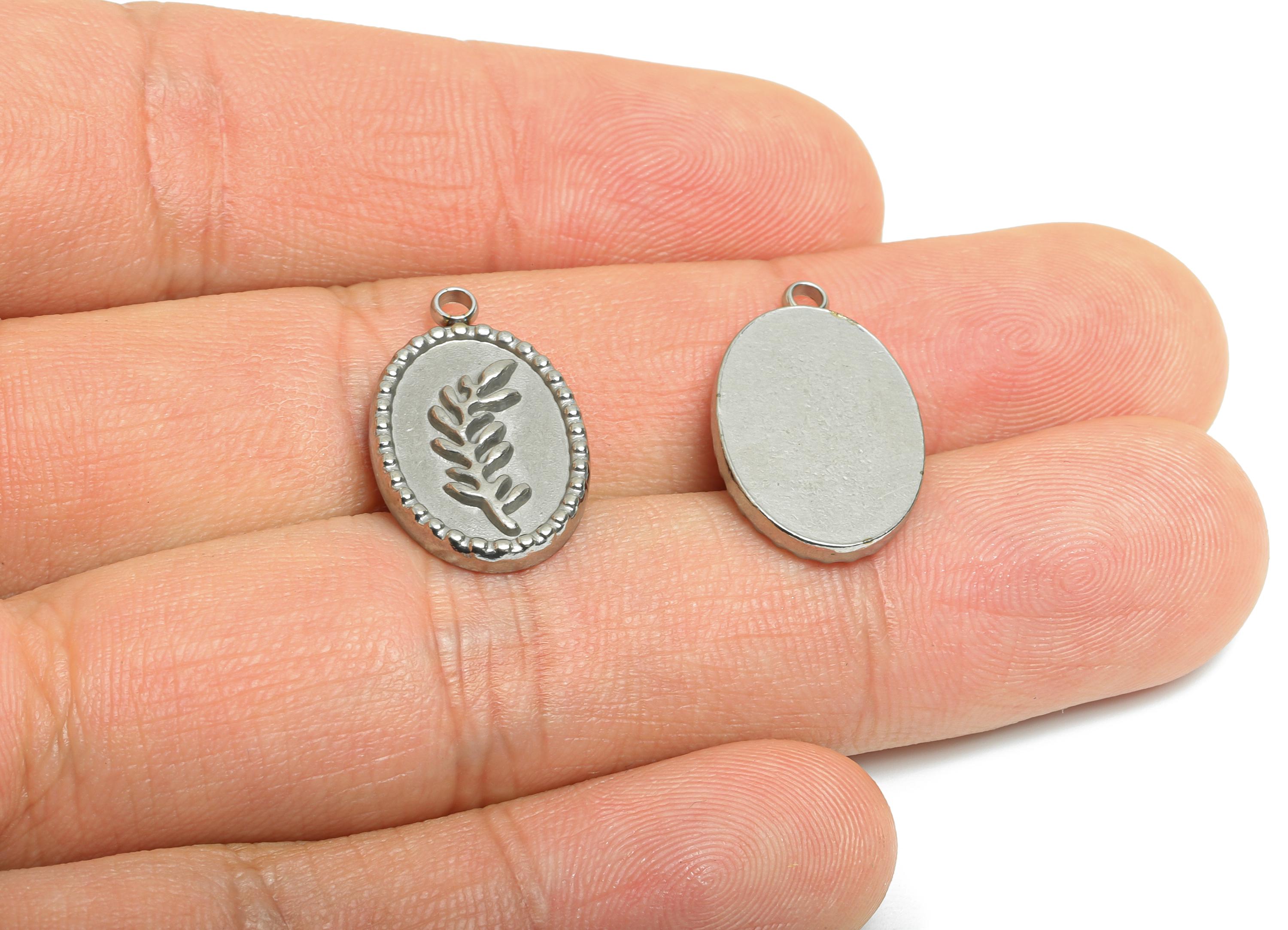 Stainless Steel Leaf Charm - Oval Silver Steel Botanical Pendant - Textured Leaf Embossed Jewelry - Steel Finding - 20.9x12.9x2.4mm - SS2574 - DOMEDBAZAAR