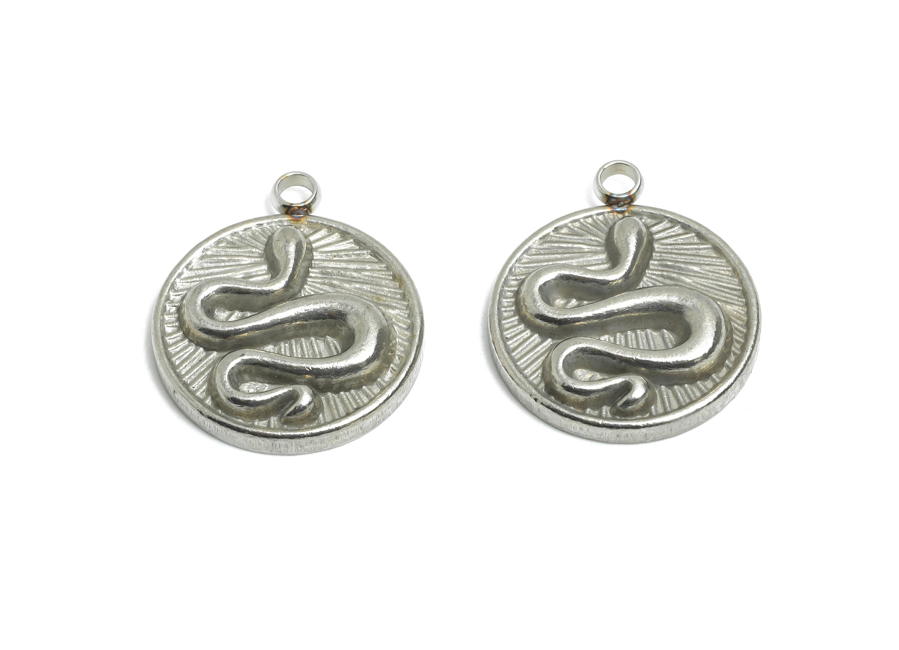 Stainless Steel Snake Charms - Round Snake Motif Necklace Pendant - Vintage Looking Charms - Steel Jewelry Finding - 17.96x15.2x3mm - SS2544 - DOMEDBAZAAR