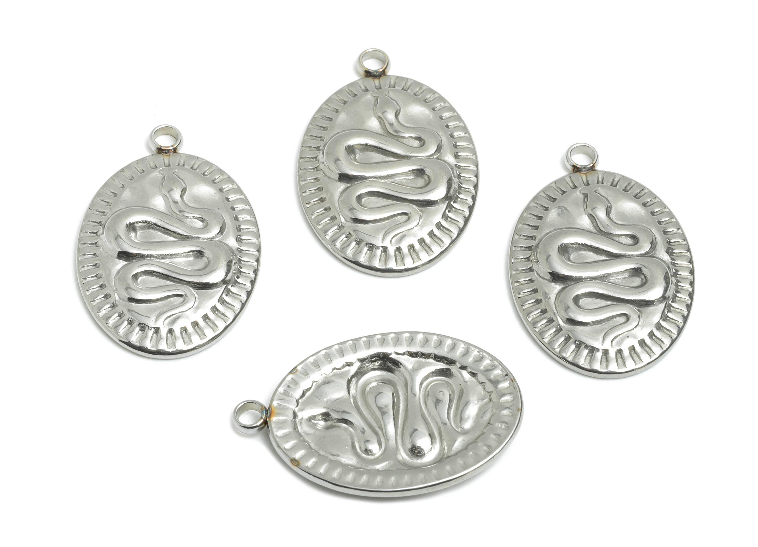 Stainless Steel Snake Motif Pendant - Snake with Sunburst Edge - Engraved Snake Medallion - Steel Jewelry Finding - 23x15.13x2.5mm - SS2545 - DOMEDBAZAAR