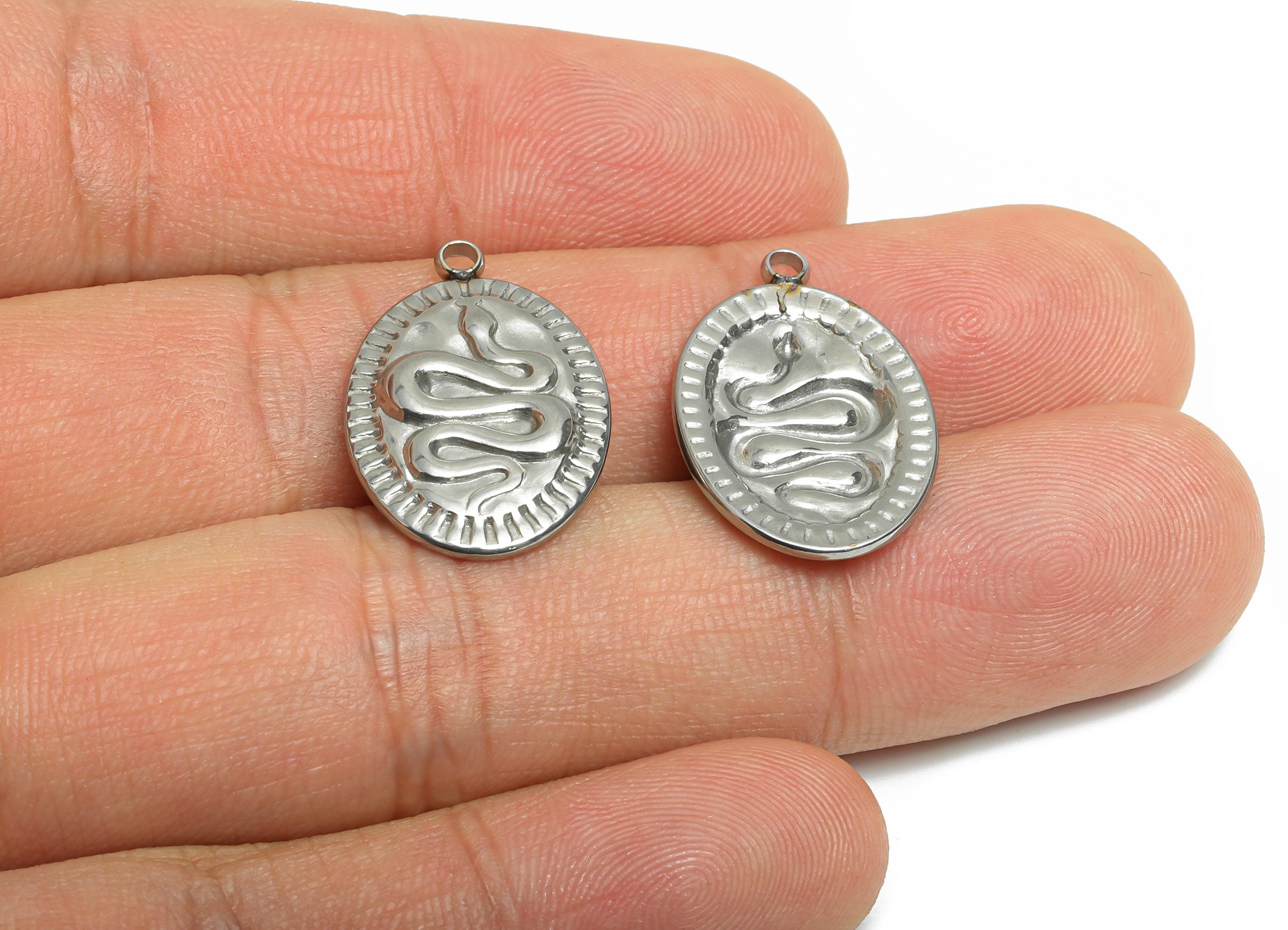 Stainless Steel Snake Motif Pendant - Snake with Sunburst Edge - Engraved Snake Medallion - Steel Jewelry Finding - 23x15.13x2.5mm - SS2545 - DOMEDBAZAAR