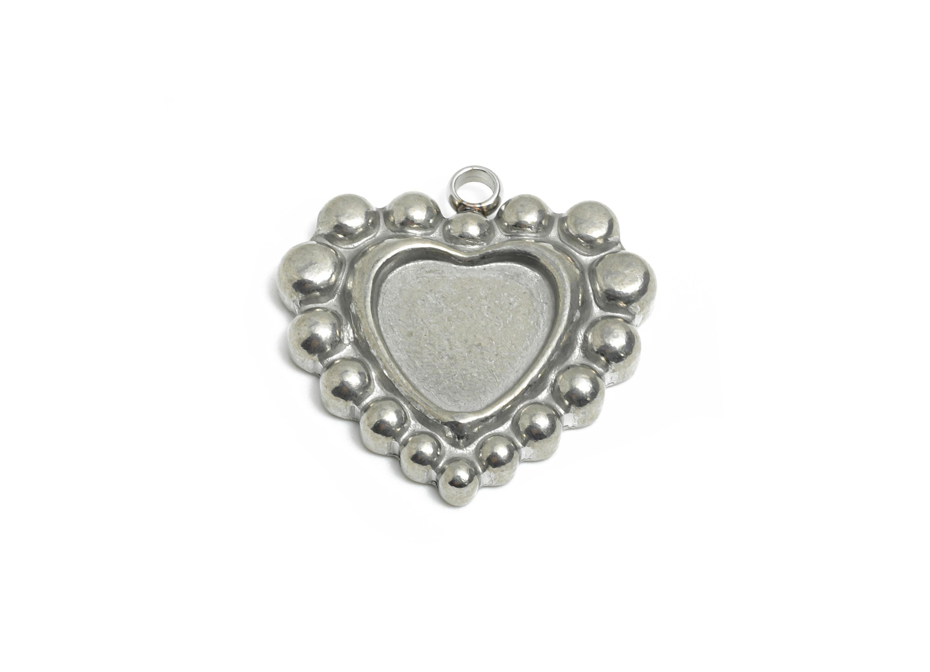 Stainless Steel Heart Charm - Vintage Looking Heart Charm - Steel Antique Looking Beaded Heart Charm - Steel Jewelry - 19x17.9x3mm - SS2576 - DOMEDBAZAAR