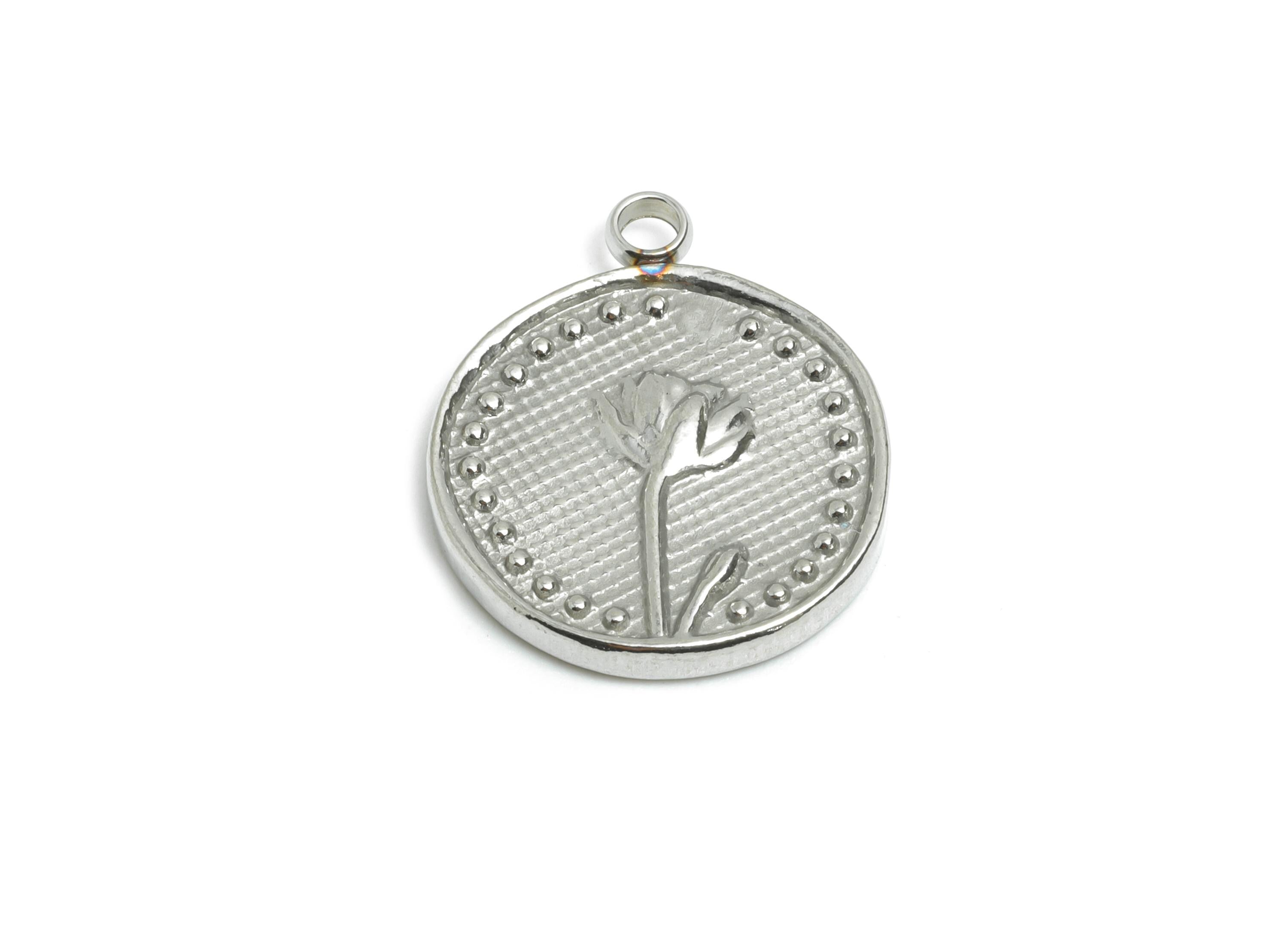 Steel Tulip Flower Pendant - Textured Steel Tulip Flower Charm - Spring Blossom Vintage Handmade Jewelry Supply - 18x15.3x2mm - SS2562 - DOMEDBAZAAR