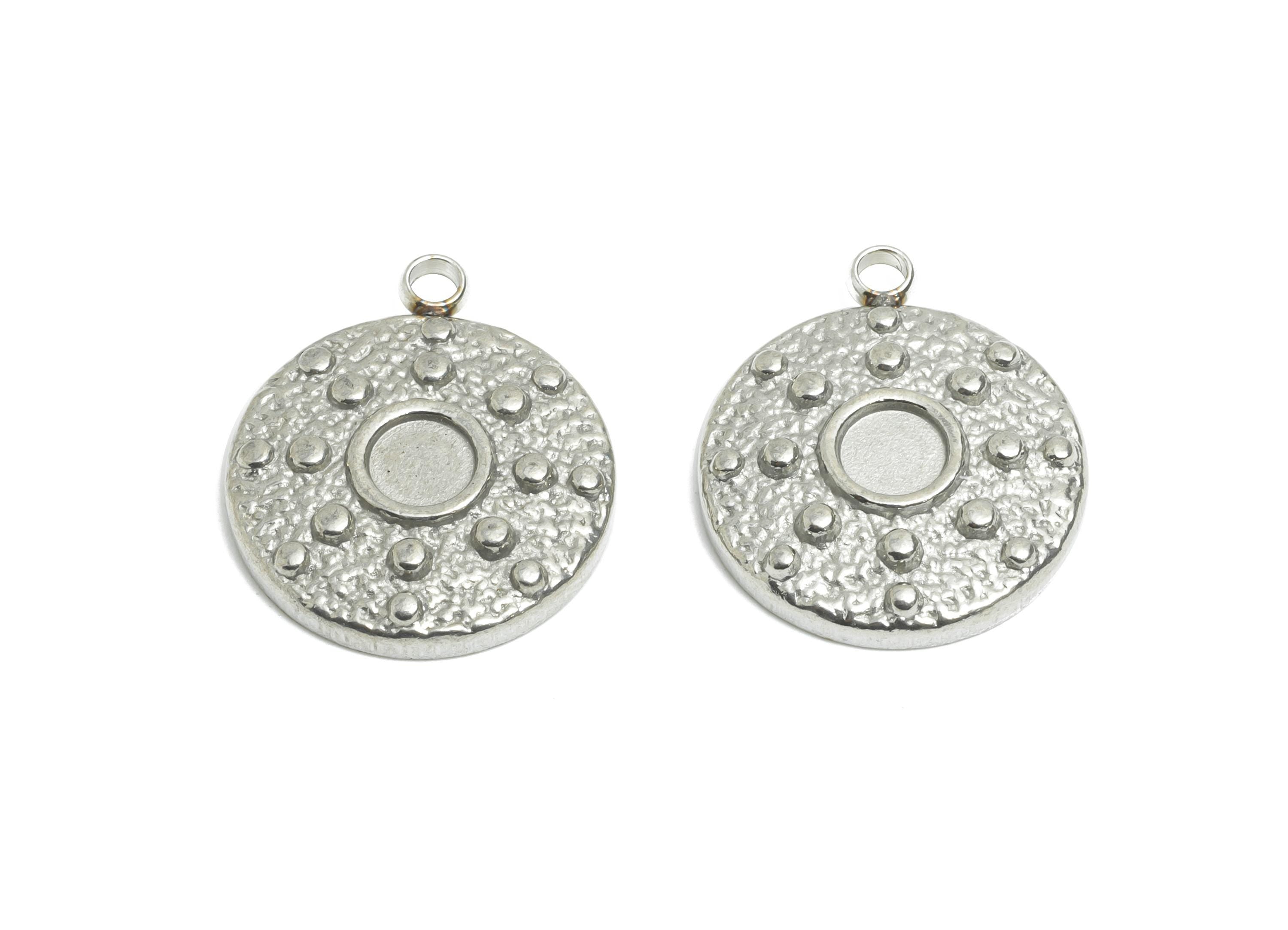 Stainless Steel Coin Pendant - Steel Craft Textured Dot Charms - Hammered Metal Disc Base Pendant - Steel Jewelry - 15x15x3mm - SS2570 - DOMEDBAZAAR