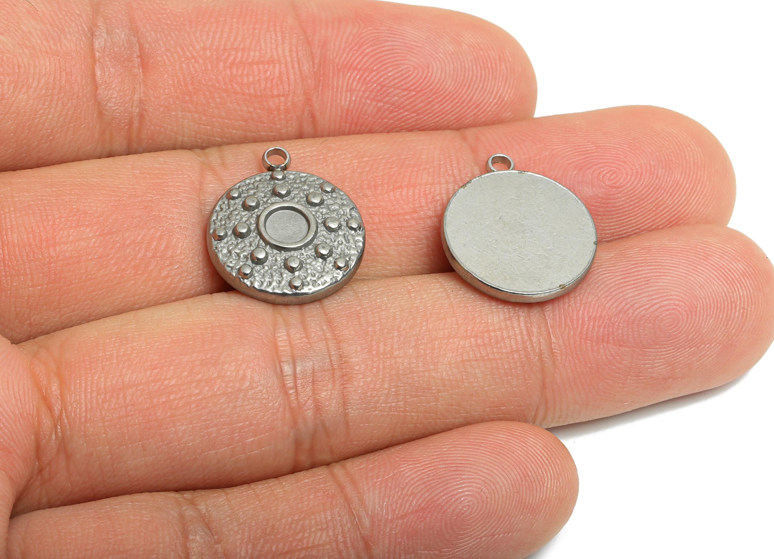Stainless Steel Coin Pendant - Steel Craft Textured Dot Charms - Hammered Metal Disc Base Pendant - Steel Jewelry - 15x15x3mm - SS2570 - DOMEDBAZAAR