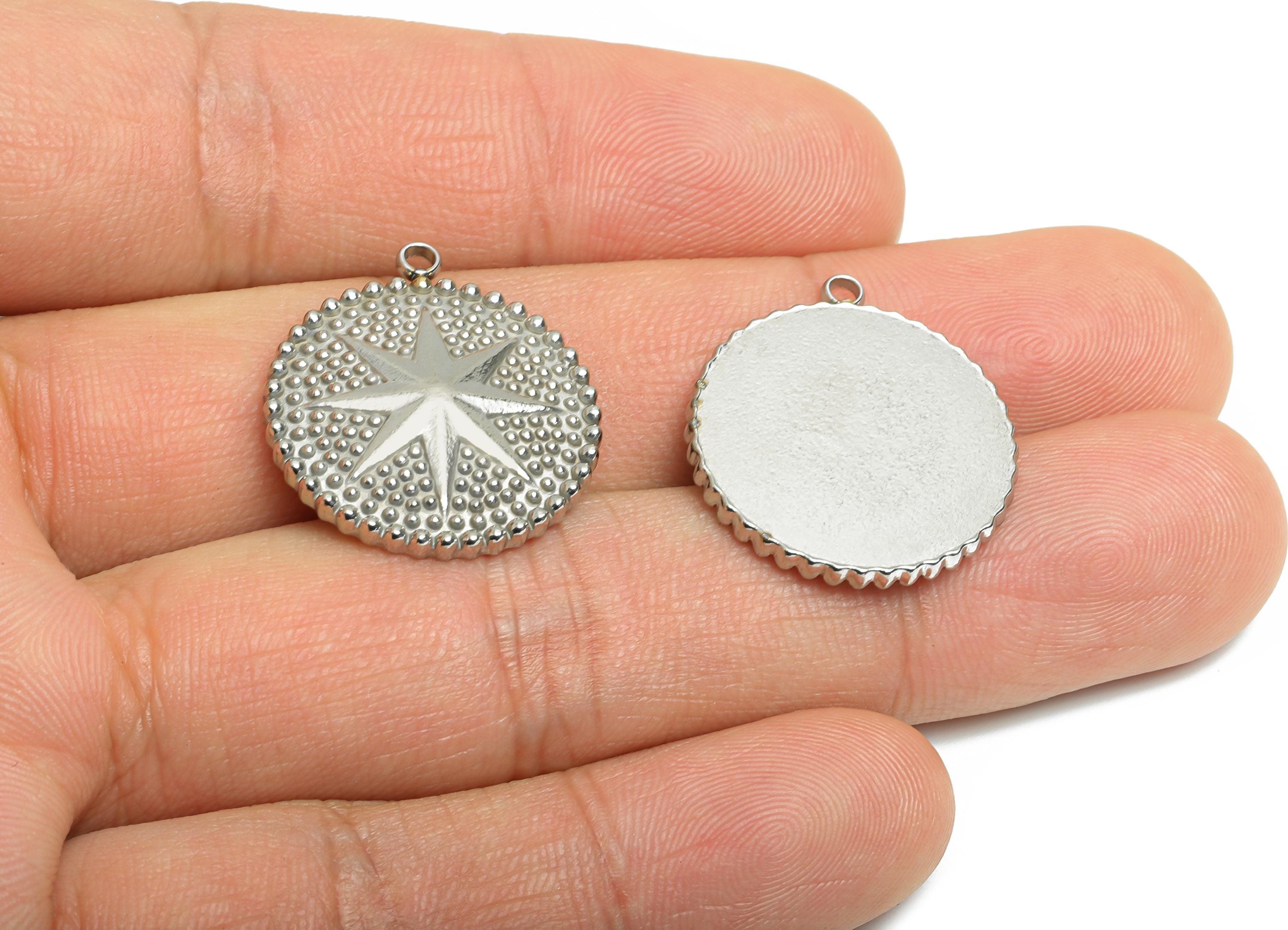Stainless Steel Starburst Pendant - Steel Radiant Star Coin Charm - Modern Minimalist Star Jewelry - Steel Finding - 24.1x21x3.62mm - SS2557 - DOMEDBAZAAR