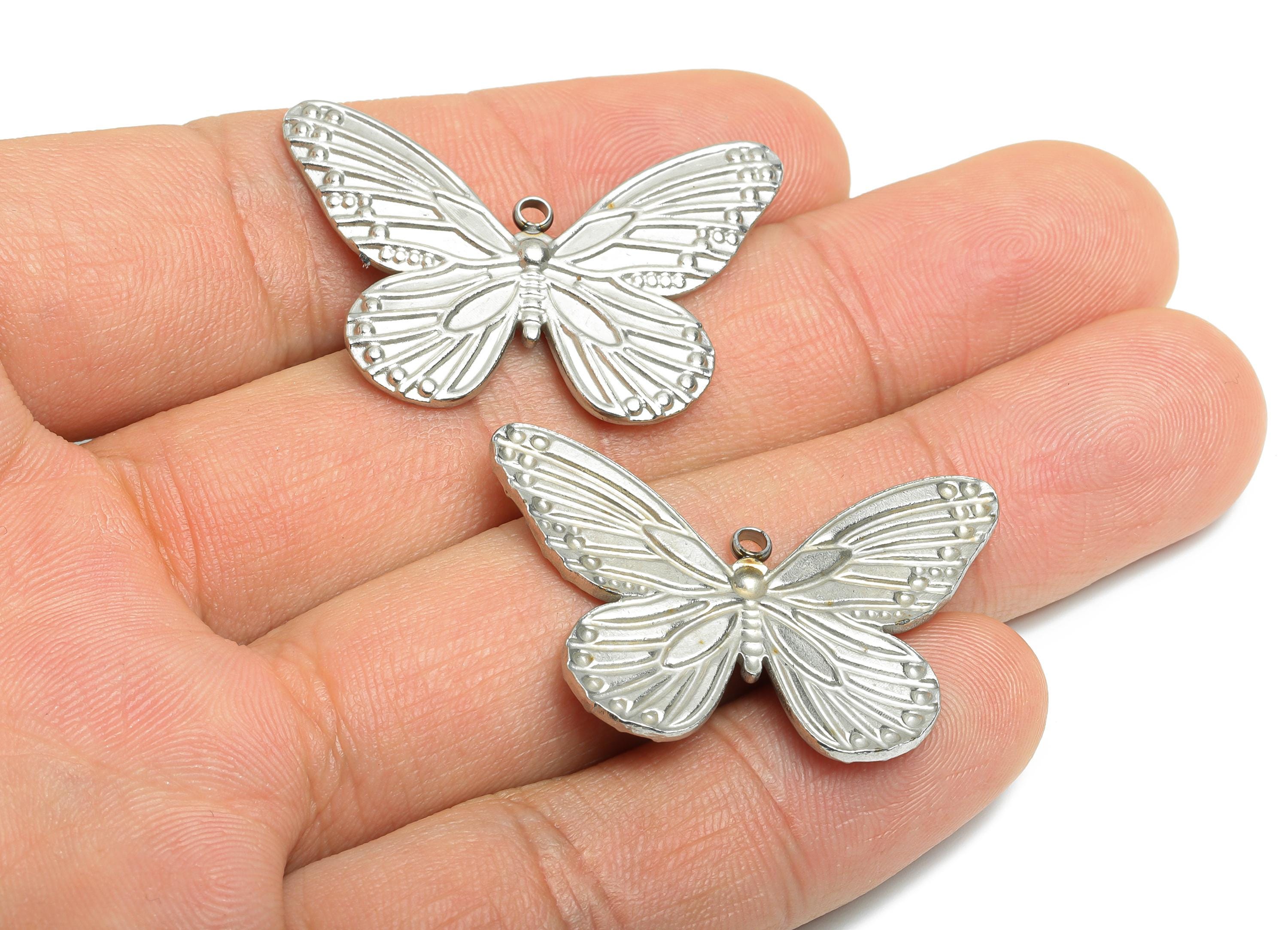 Steel Butterfly Pendant - Textured Butterfly Necklace Pendant - Delicate Butterfly Ornament - Steel Jewelry - 24.45x35.66x1.85mm - SS2538 - DOMEDBAZAAR