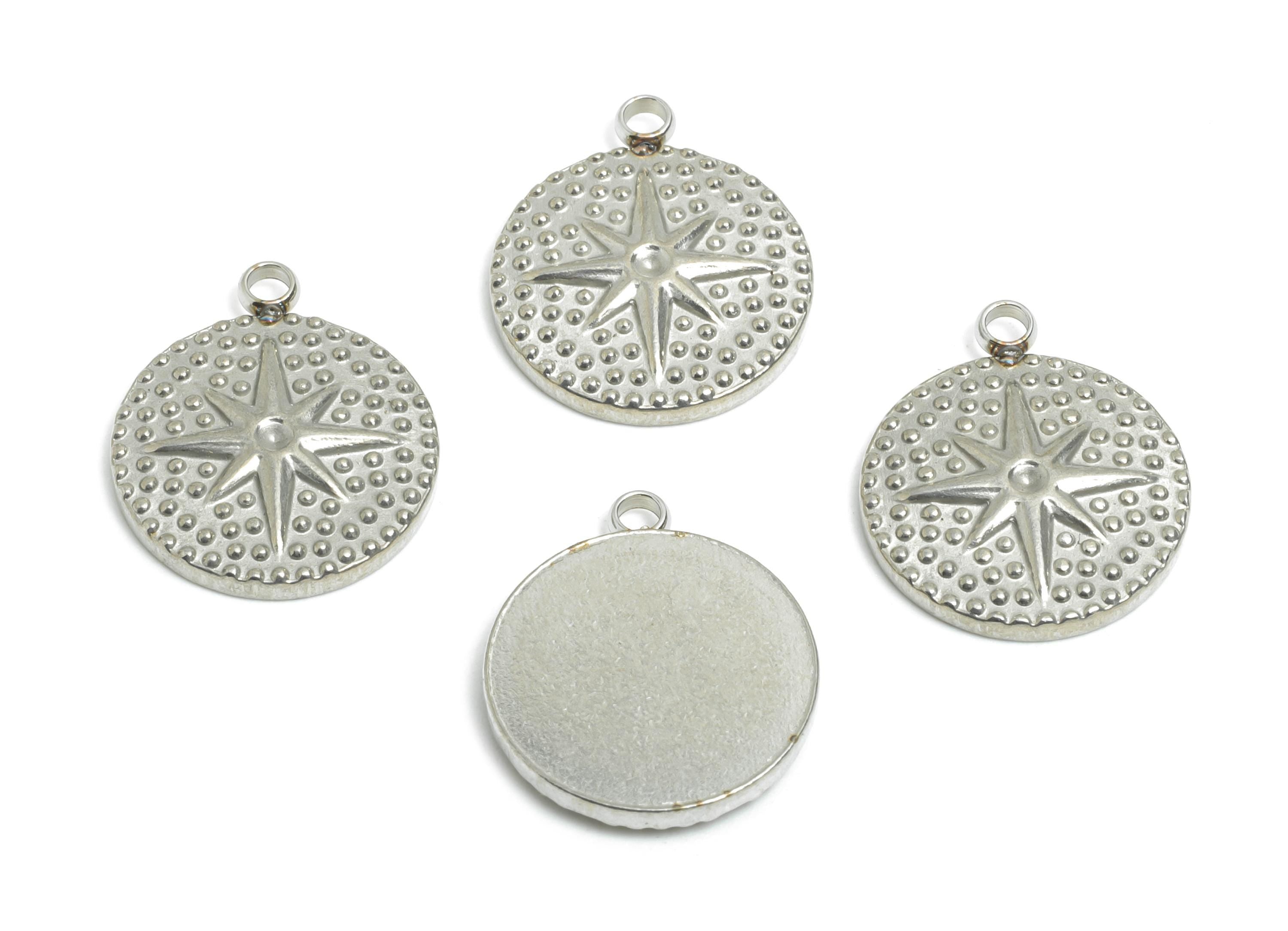Stainless Steel Round Pendant - Textured Celestial North Star Disc Charm - Cosmic Jewelry Making - Steel Findings - 17x15x2.51mm - SS2565 - DOMEDBAZAAR