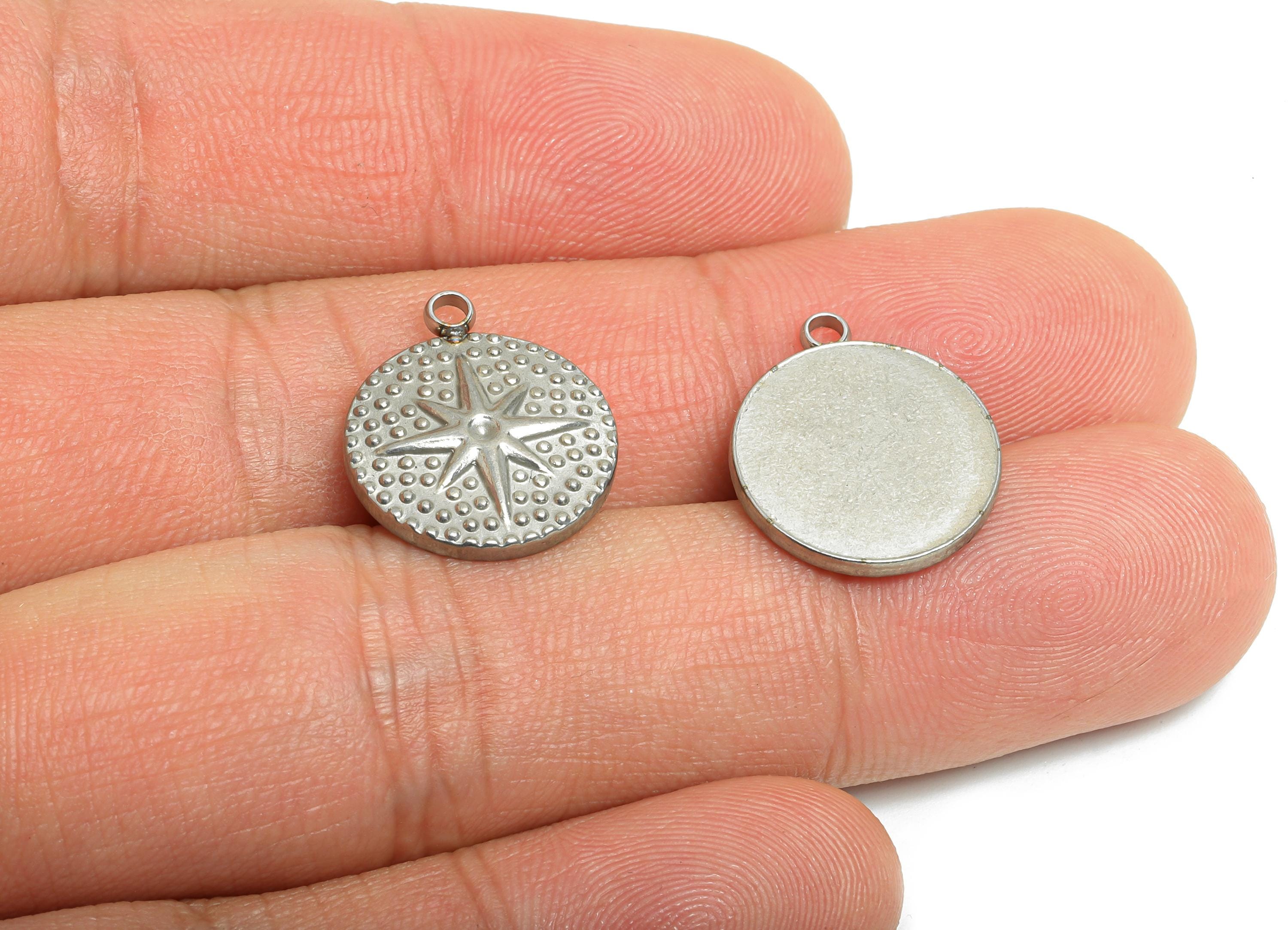 Stainless Steel Round Pendant - Textured Celestial North Star Disc Charm - Cosmic Jewelry Making - Steel Findings - 17x15x2.51mm - SS2565 - DOMEDBAZAAR
