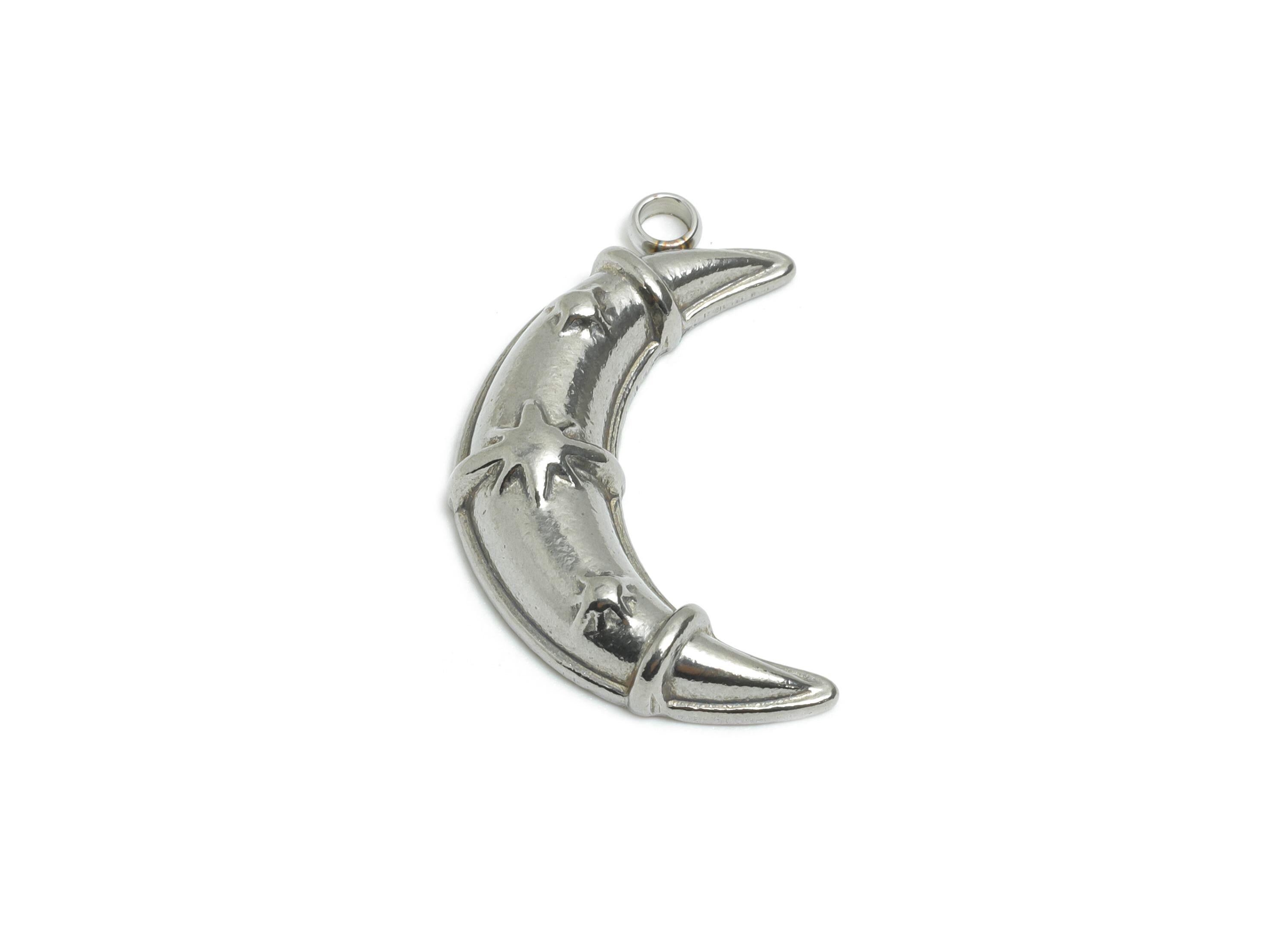 Stainless Steel Crescent Pendant - Steel Star and Moon Ornament - Minimalist Celestial Moon Charm - Steel Jewelry Charm - 24x12x4mm - SS2559 - DOMEDBAZAAR