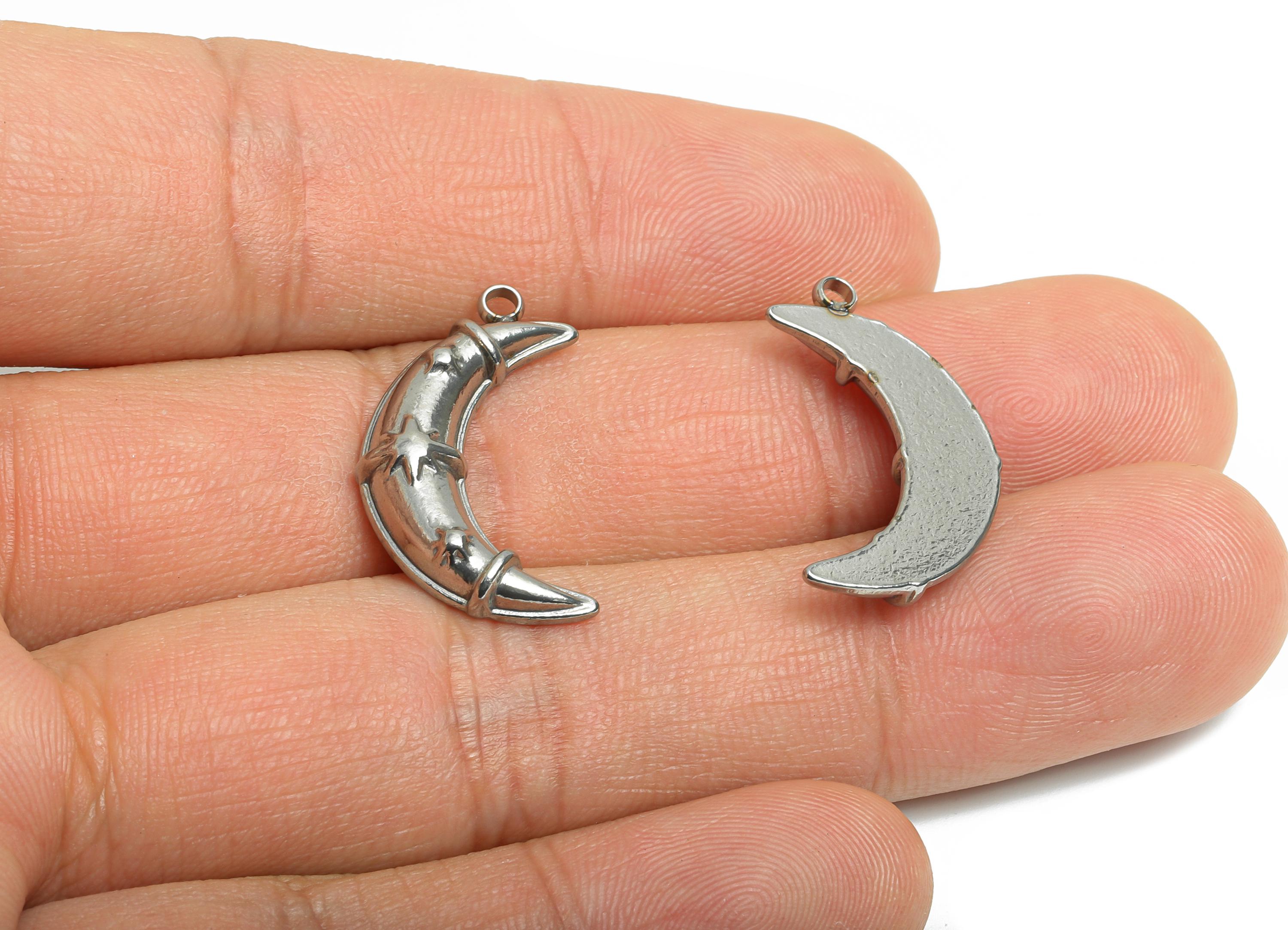 Stainless Steel Crescent Pendant - Steel Star and Moon Ornament - Minimalist Celestial Moon Charm - Steel Jewelry Charm - 24x12x4mm - SS2559 - DOMEDBAZAAR