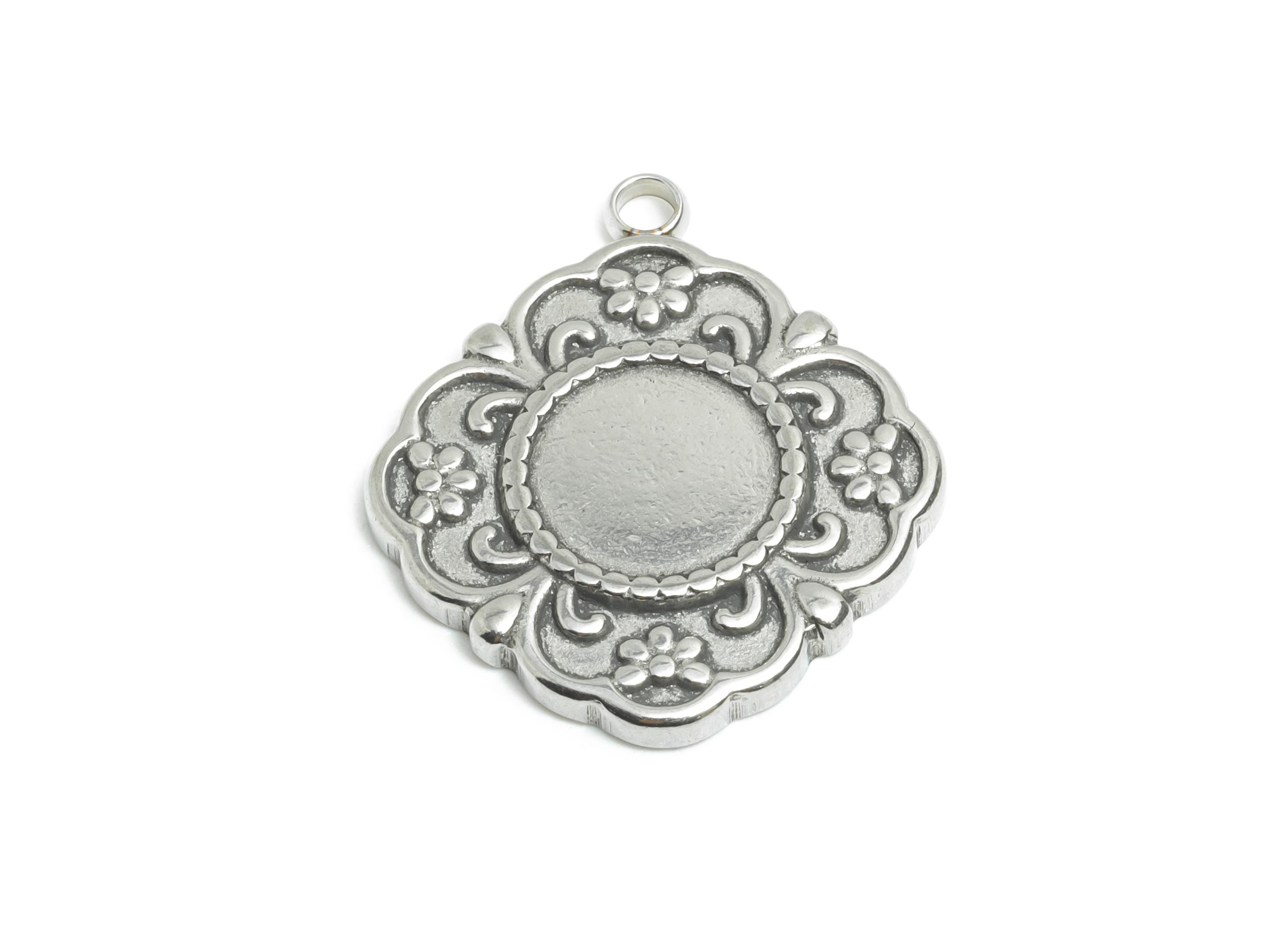 Stainless Steel Floral Pendant - Vintage Silver Steel Flower Charms - Decorative Floral Jewelry - Steel Finding - 21x19x2.13mm - SS2560 - DOMEDBAZAAR